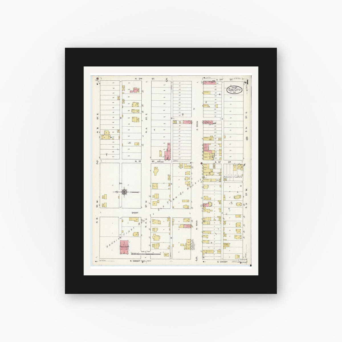 Old map wall art mockup — black gallery frame with white mat — Sanborn Fire Insurance Map from Gas City, Grant County, Indiana (1911), Sheet #0004