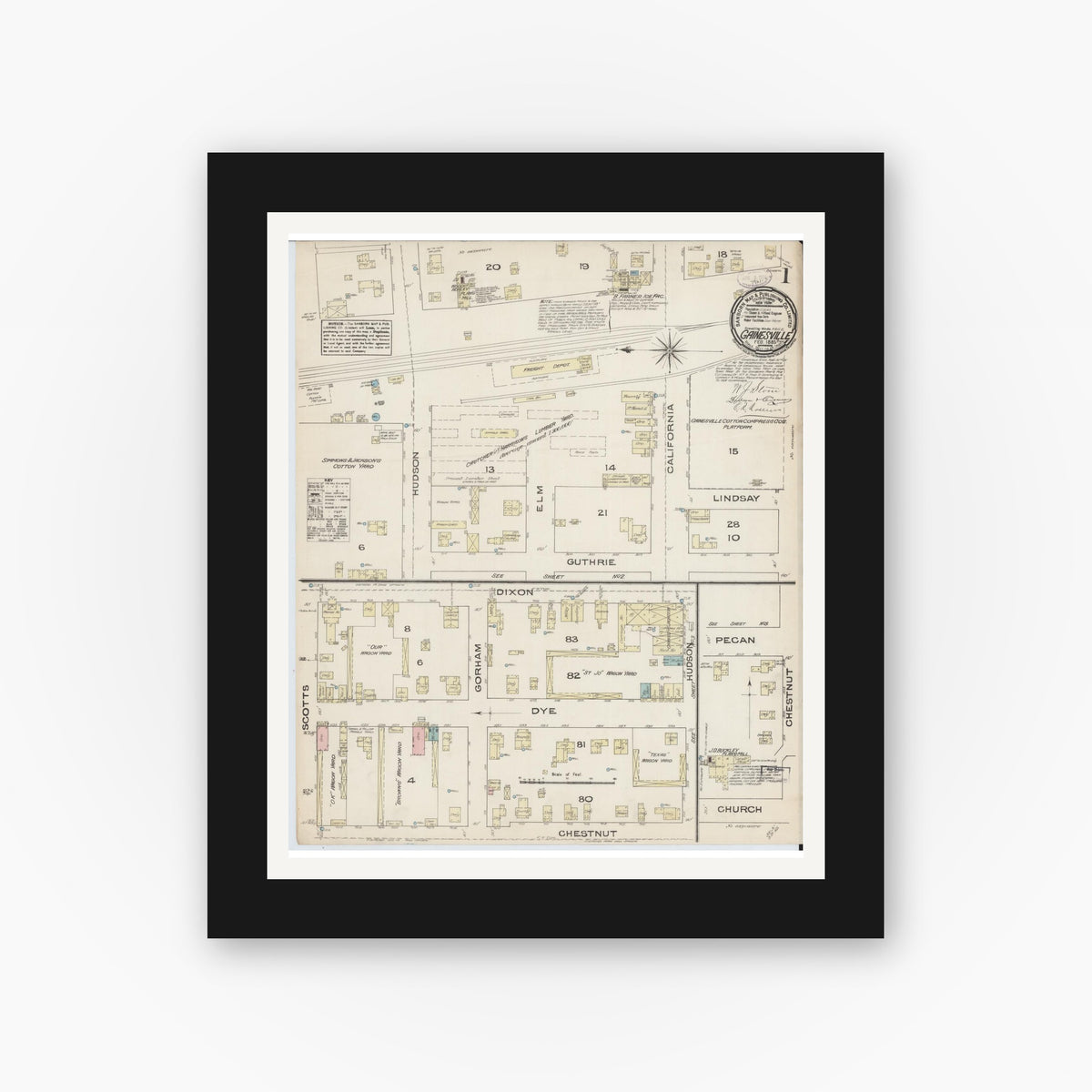 Old map wall art mockup — black gallery frame with white mat — Sanborn Fire Insurance Map from Gainesville, Cooke County, Texas (1885) - Complete Map Set