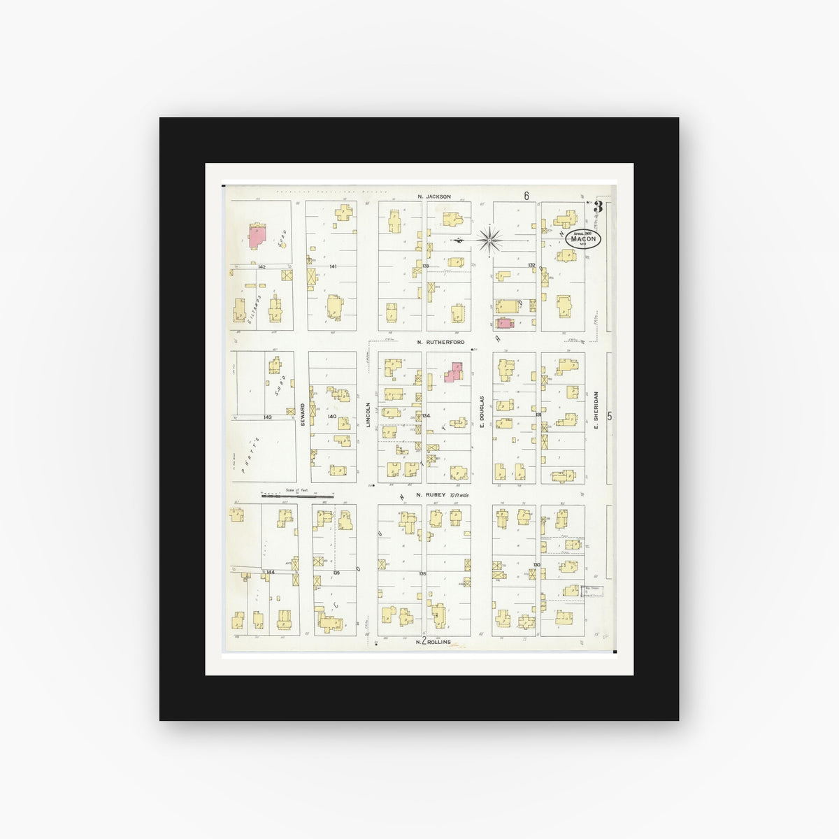 Old map wall art mockup — black gallery frame with white mat — Sanborn Fire Insurance Map from Macon, Macon County, Missouri (1909), Sheet #0003