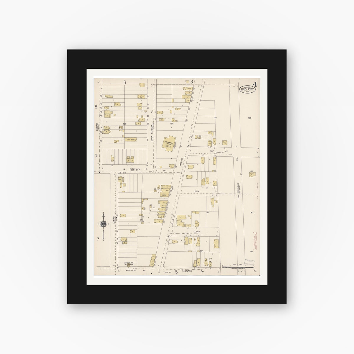 Old map wall art mockup — black gallery frame with white mat — Sanborn Fire Insurance Map from Daly City, San Mateo County, California (1918), Sheet #0004