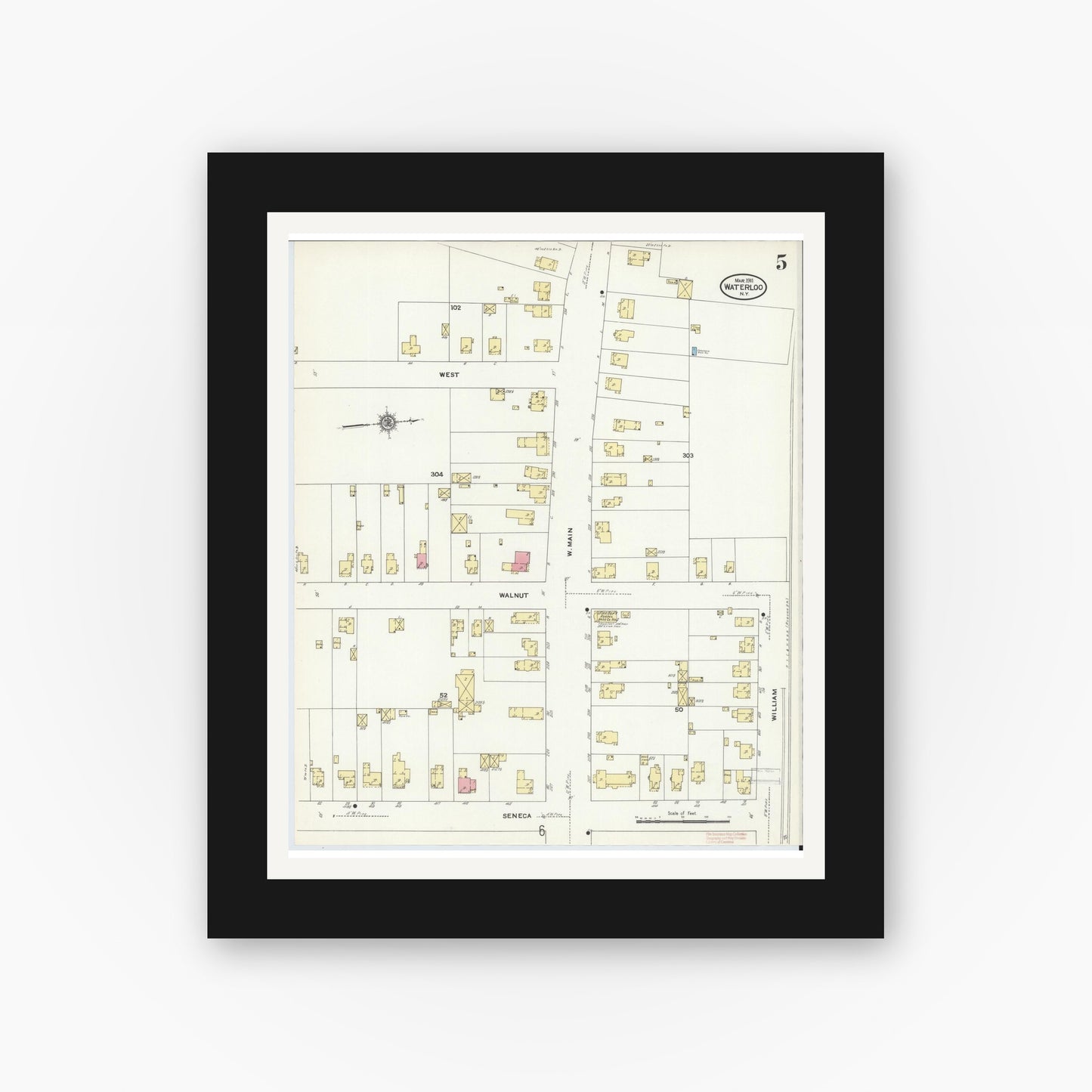 Old map wall art mockup — black gallery frame with white mat — Sanborn Fire Insurance Map from Waterloo, Seneca County, New York (1911), Sheet #0005
