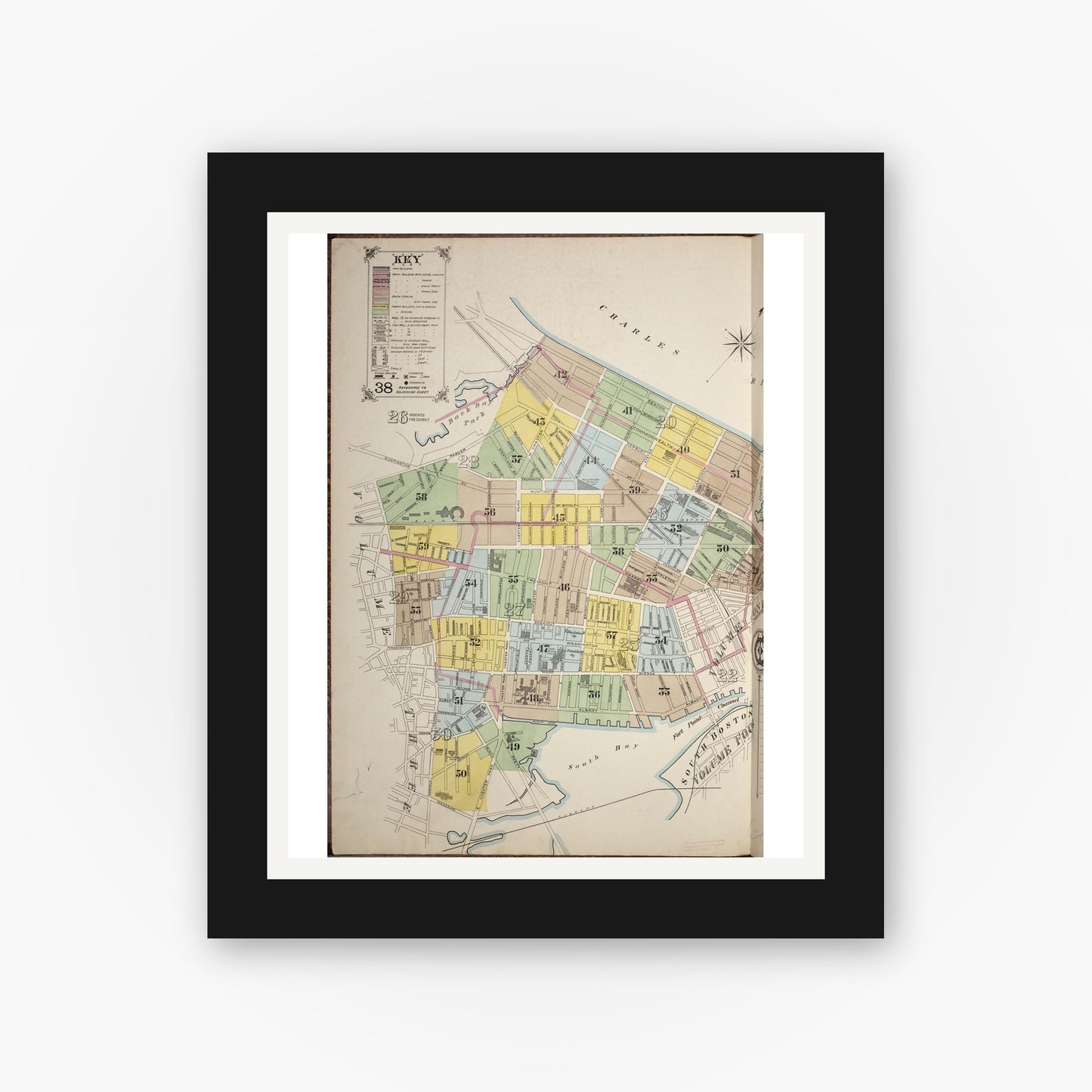 Old map wall art mockup — black gallery frame with white mat — Sanborn Fire Insurance Map from Boston, Suffolk County, Massachusetts (1887), Sheet #0001