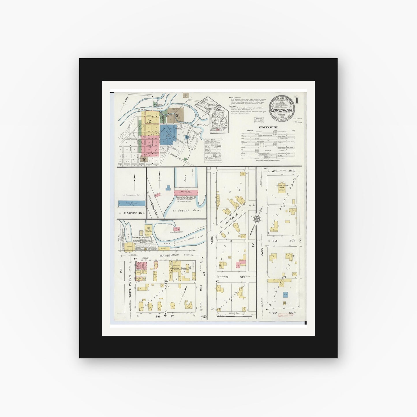 Old map wall art mockup — black gallery frame with white mat — Sanborn Fire Insurance Map from Constantine, Saint Joseph County, Michigan (1916), Sheet #0001