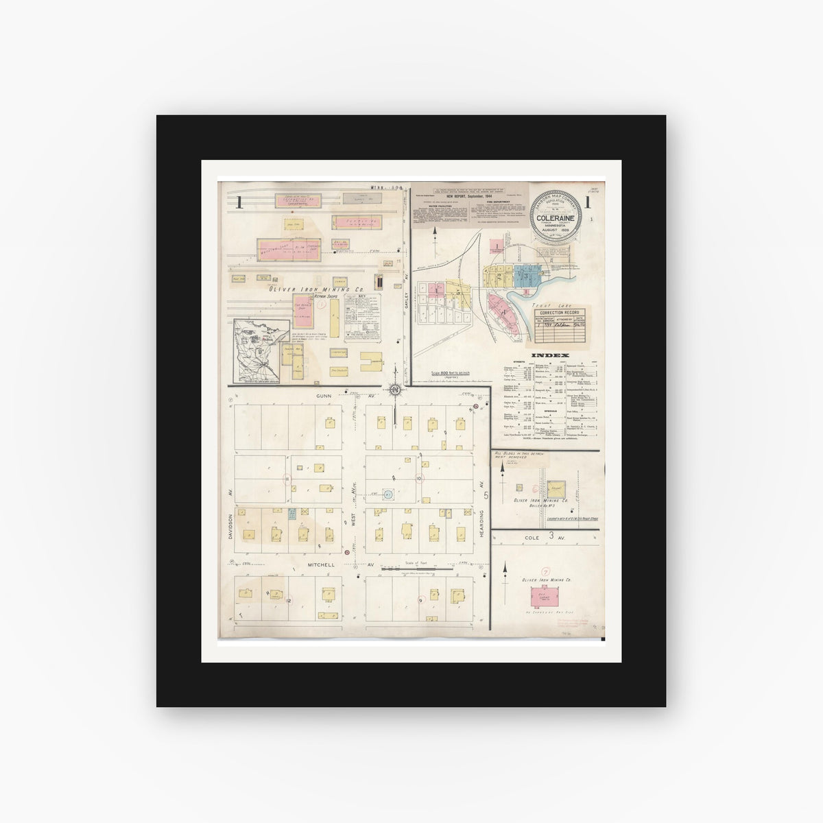 Old map wall art mockup — black gallery frame with white mat — Sanborn Fire Insurance Map from Coleraine, Itasca County, Minnesota (1944) - Complete Map Set
