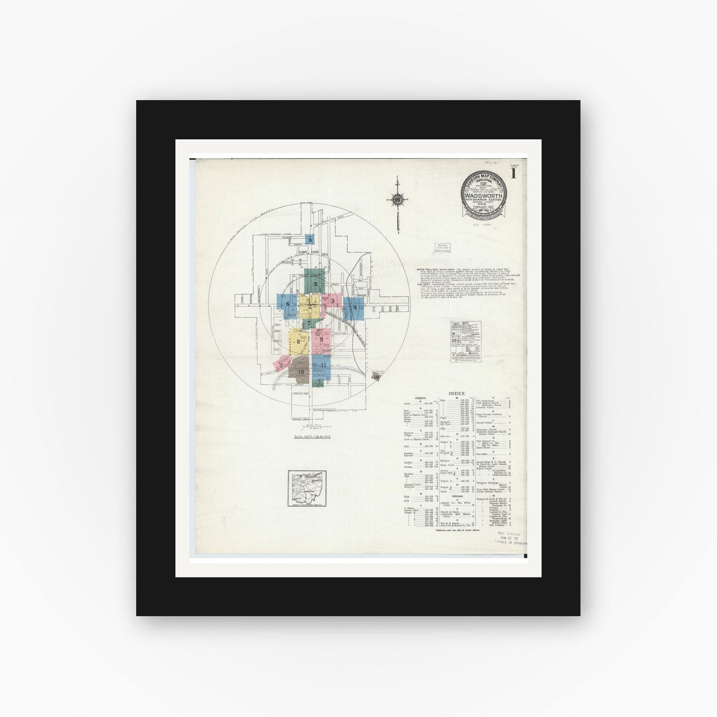 Old map wall art mockup — black gallery frame with white mat — Sanborn Fire Insurance Map from Wadsworth, Medina County, Ohio (1923), Sheet #0001
