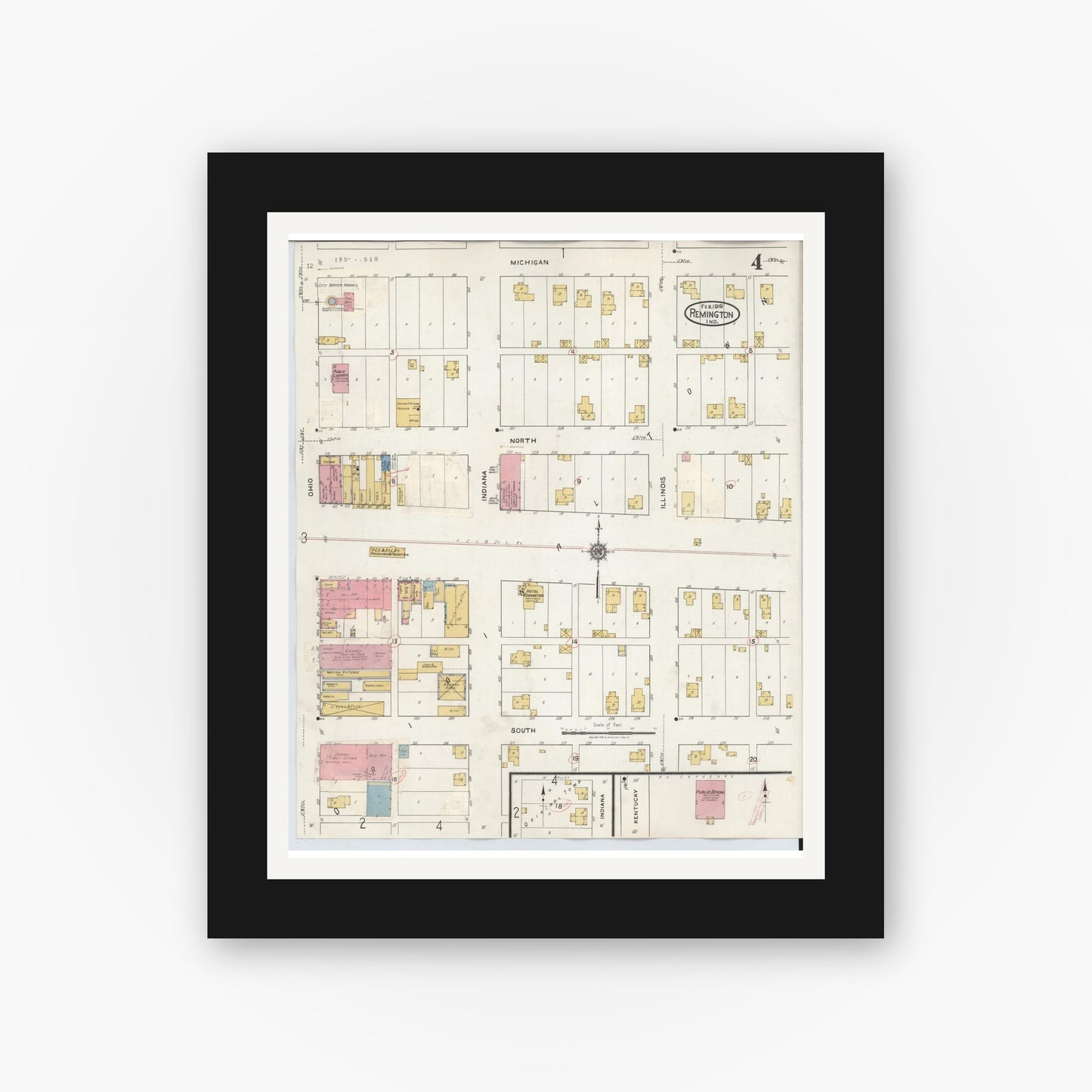 Old map wall art mockup — black gallery frame with white mat — Sanborn Fire Insurance Map from Remington, Jasper County, Indiana (1932), Sheet #0004