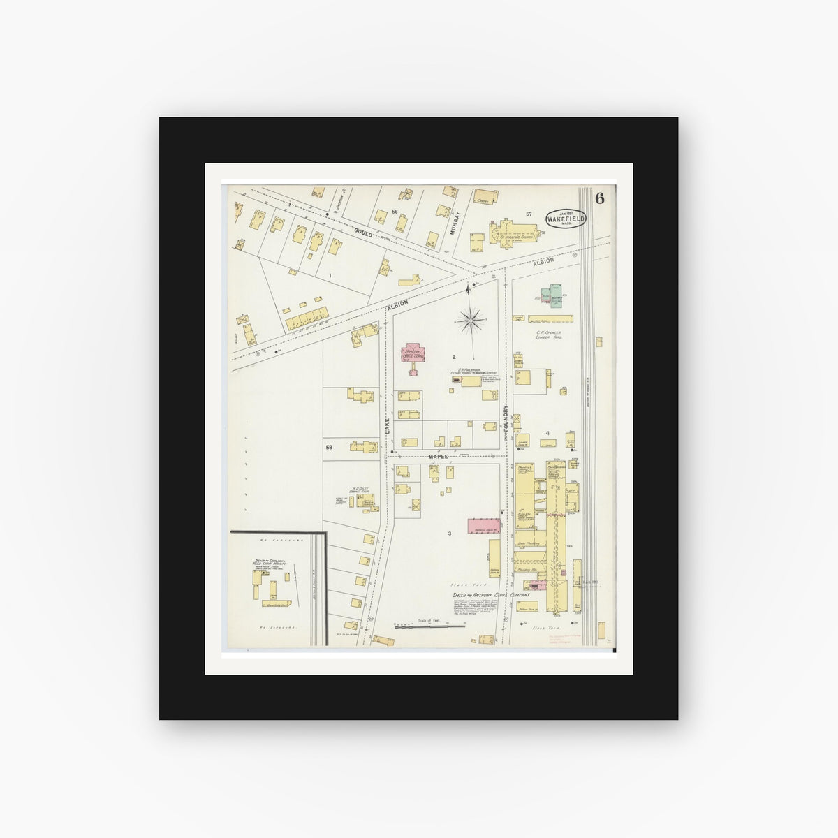 Old map wall art mockup — black gallery frame with white mat — Sanborn Fire Insurance Map from Wakefield, Middlesex County, Massachusetts (1897), Sheet #0006