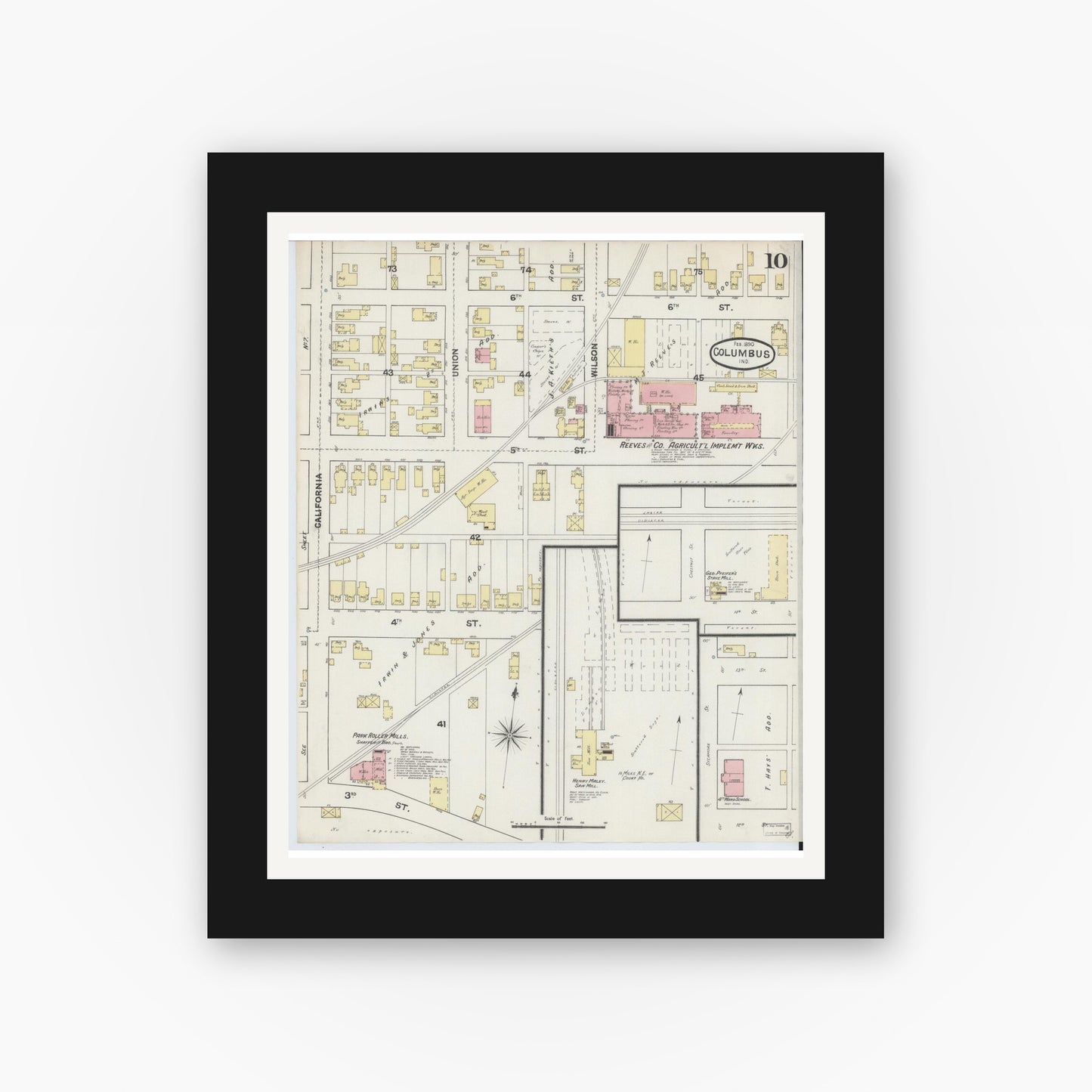 Old map wall art mockup — black gallery frame with white mat — Sanborn Fire Insurance Map from Columbus, Bartholomew County, Indiana (1890), Sheet #0010