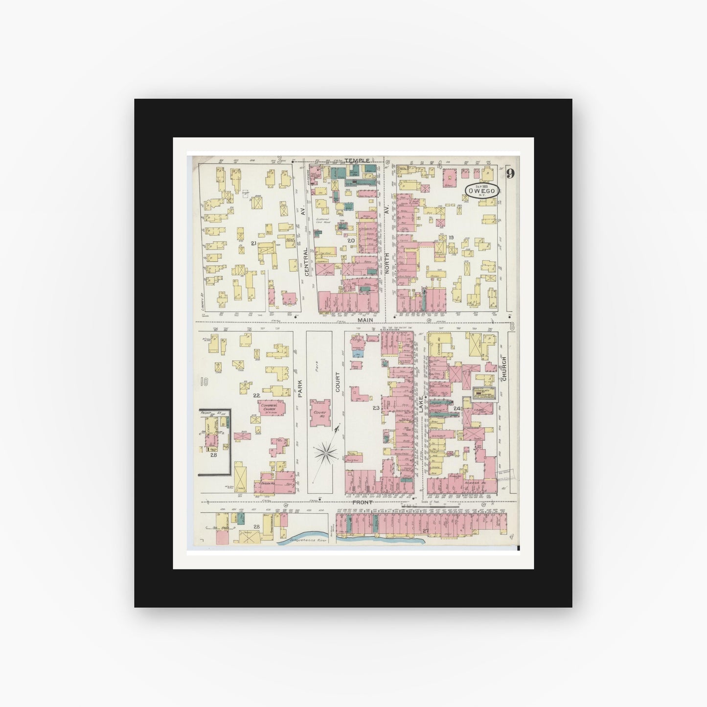 Old map wall art mockup — black gallery frame with white mat — Sanborn Fire Insurance Map from Owego, Tioga County, New York (1893), Sheet #0009