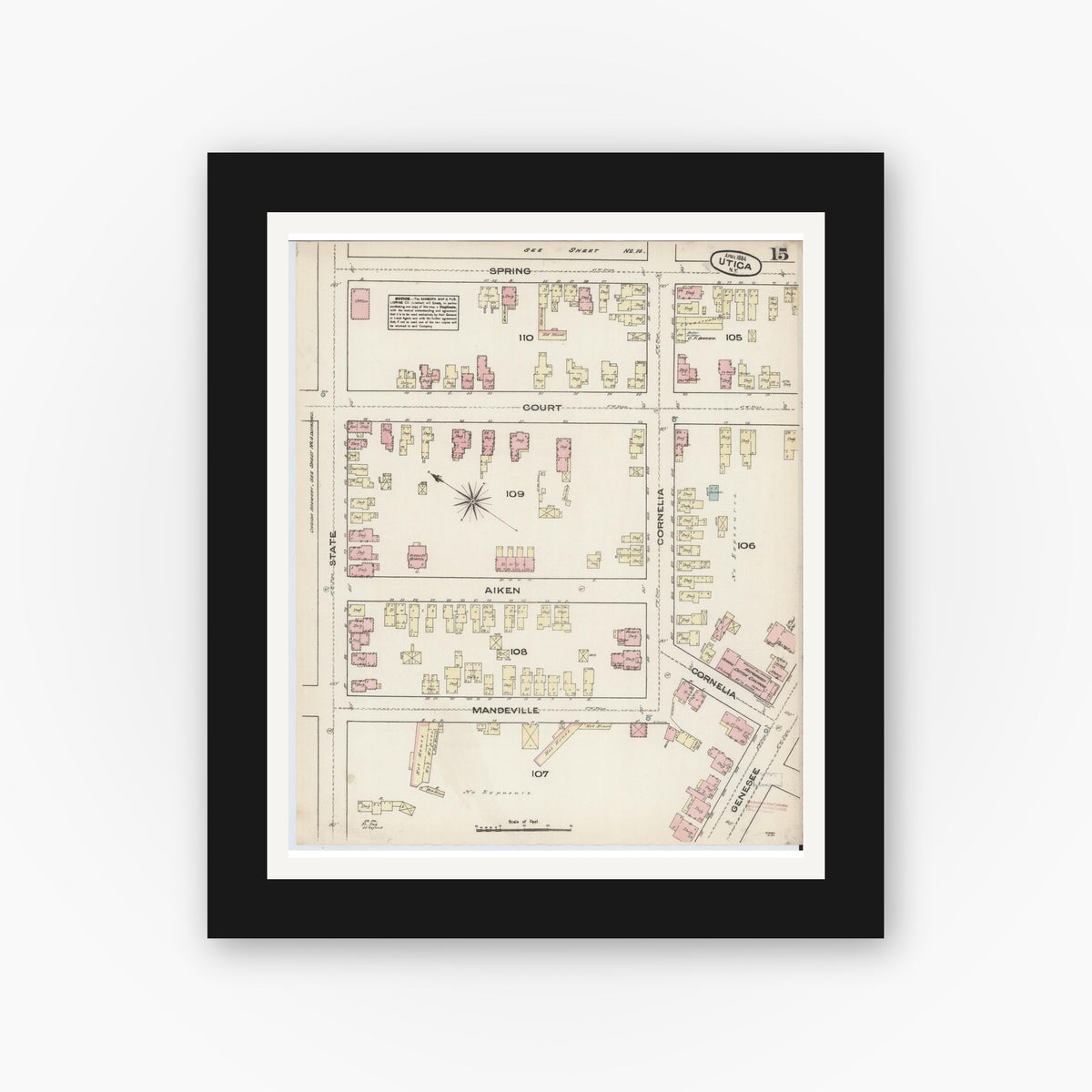 Old map wall art mockup — black gallery frame with white mat — Sanborn Fire Insurance Map from Utica, Oneida County, New York (1884), Sheet #0015