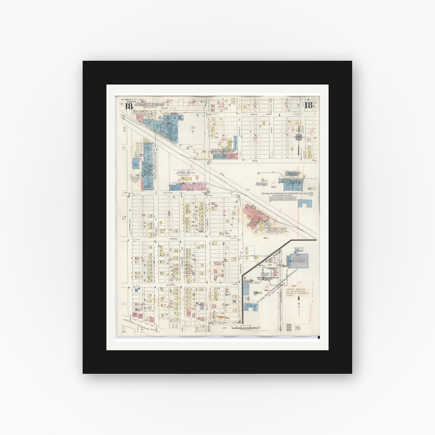 Old map wall art mockup — black gallery frame with white mat — Sanborn Fire Insurance Map from Michigan City, La Porte County, Indiana (1948), Sheet #0018