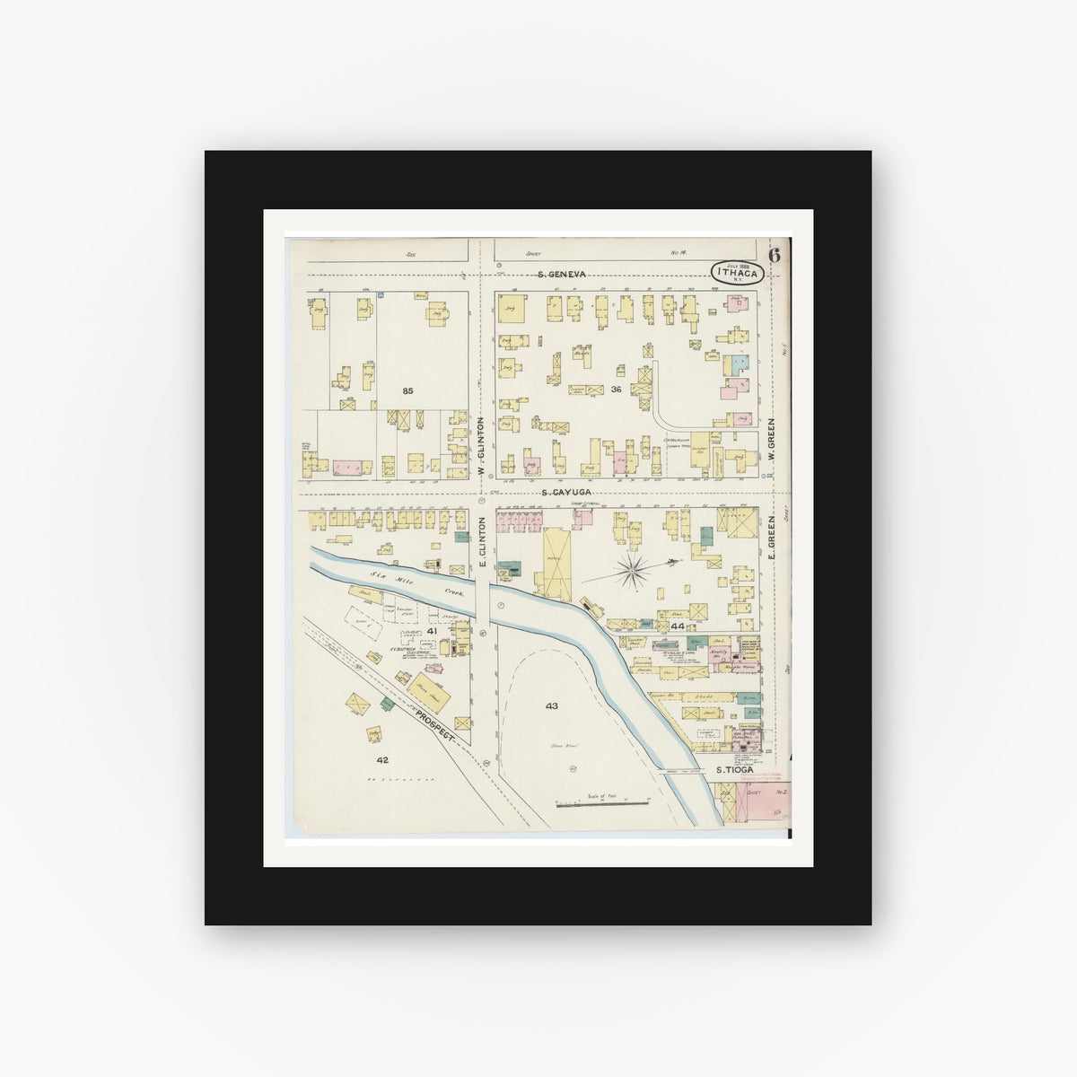 Old map wall art mockup — black gallery frame with white mat — Sanborn Fire Insurance Map from Ithaca, Tompkins County, New York (1888), Sheet #0006