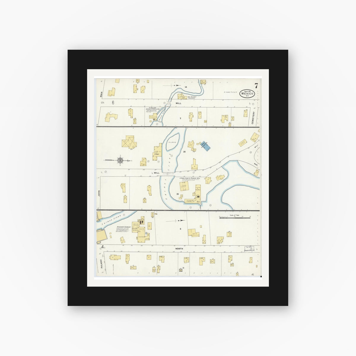 Old map wall art mockup — black gallery frame with white mat — Sanborn Fire Insurance Map from Mexico, Oswego County, New York (1911), Sheet #0007
