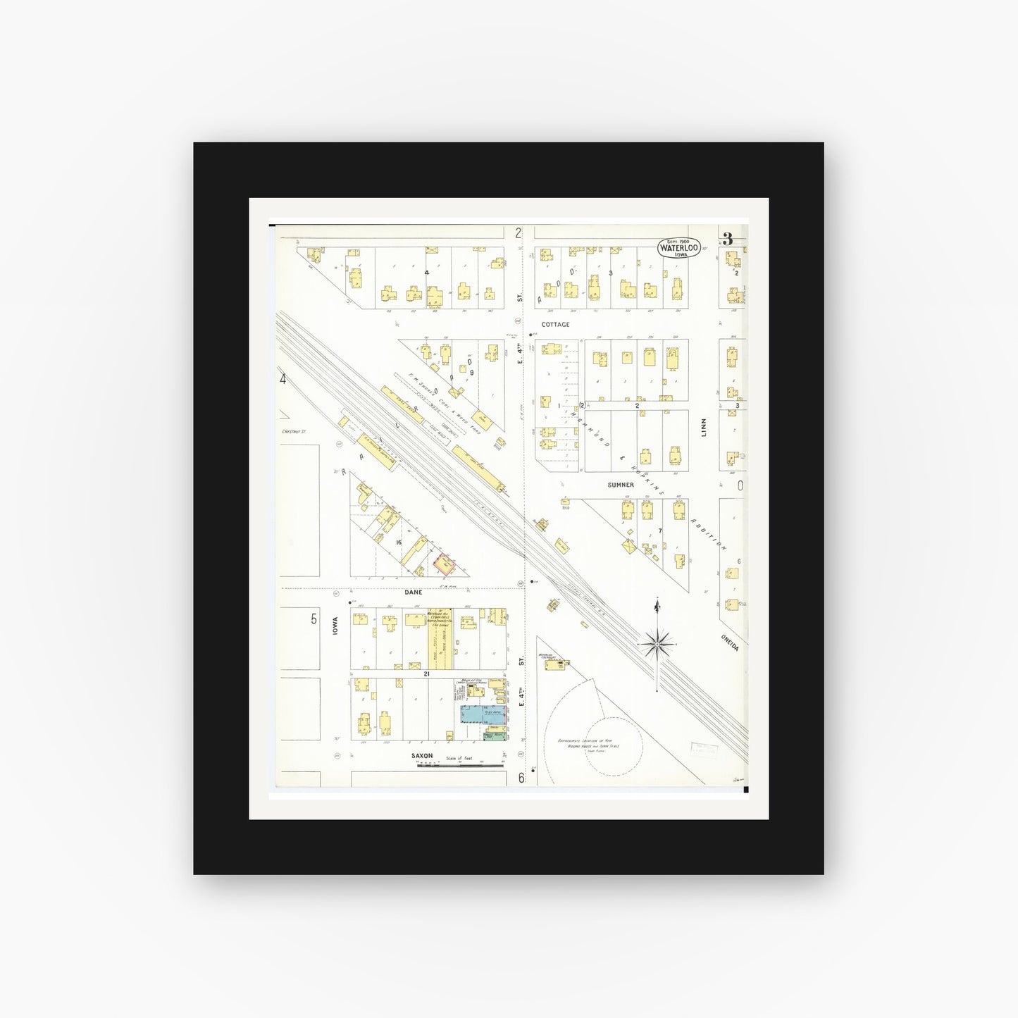 Old map wall art mockup — black gallery frame with white mat — Sanborn Fire Insurance Map from Waterloo, Black Hawk County, Iowa (1900), Sheet #0003