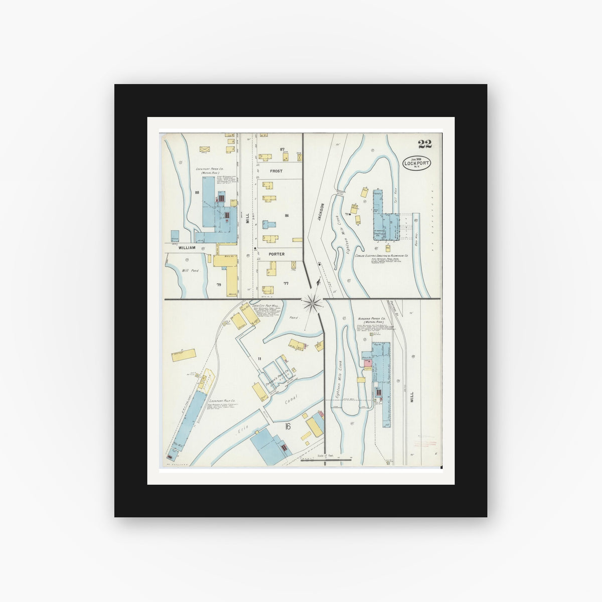 Old map wall art mockup — black gallery frame with white mat — Sanborn Fire Insurance Map from Lockport, Niagara County, New York (1898), Sheet #0022