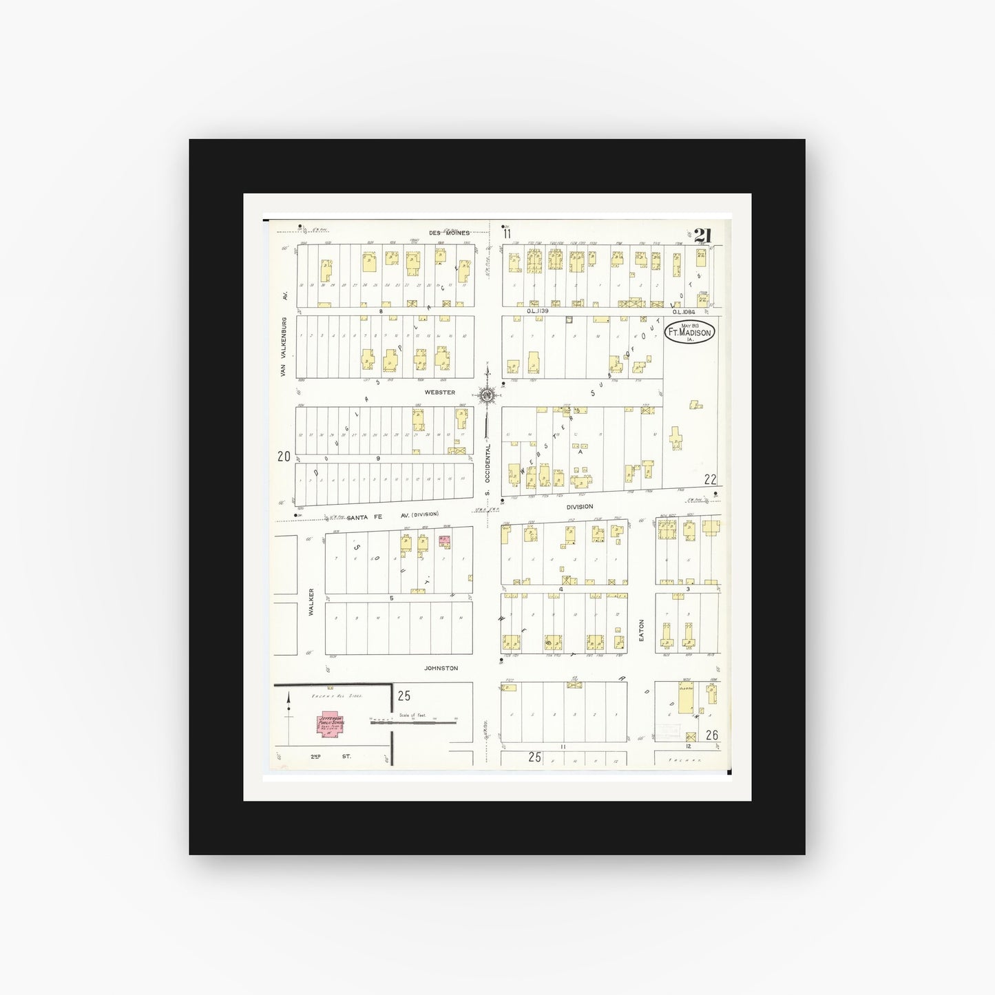 Old map wall art mockup — black gallery frame with white mat — Sanborn Fire Insurance Map from Fort Madison, Lee County, Iowa (1913), Sheet #0021