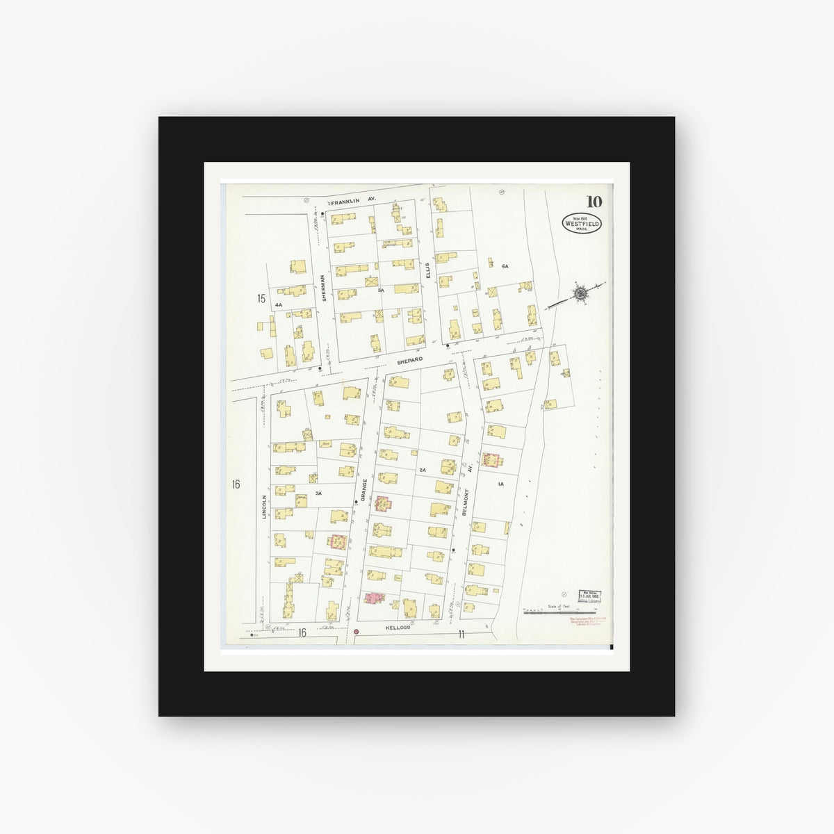 Old map wall art mockup — black gallery frame with white mat — Sanborn Fire Insurance Map from Westfield, Hampden County, Massachusetts (1910), Sheet #0010