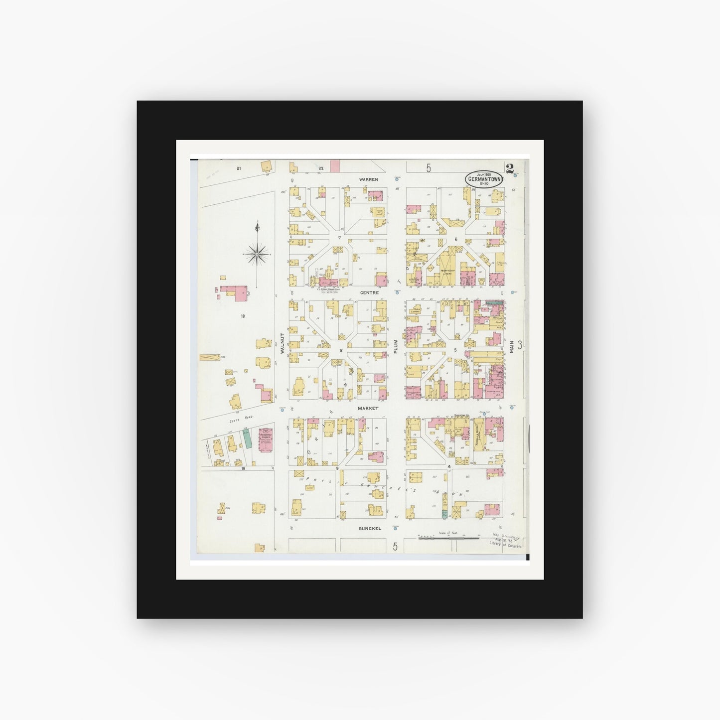 Old map wall art mockup — black gallery frame with white mat — Sanborn Fire Insurance Map from Germantown, Montgomery County, Ohio (1905), Sheet #0002