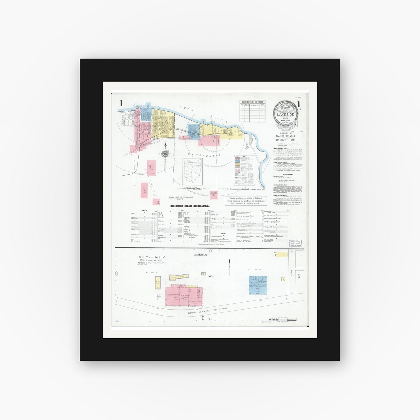Old map wall art mockup — black gallery frame with white mat — Sanborn Fire Insurance Map from Lakeside, Ottawa County, Ohio (1946) - Complete Map Set