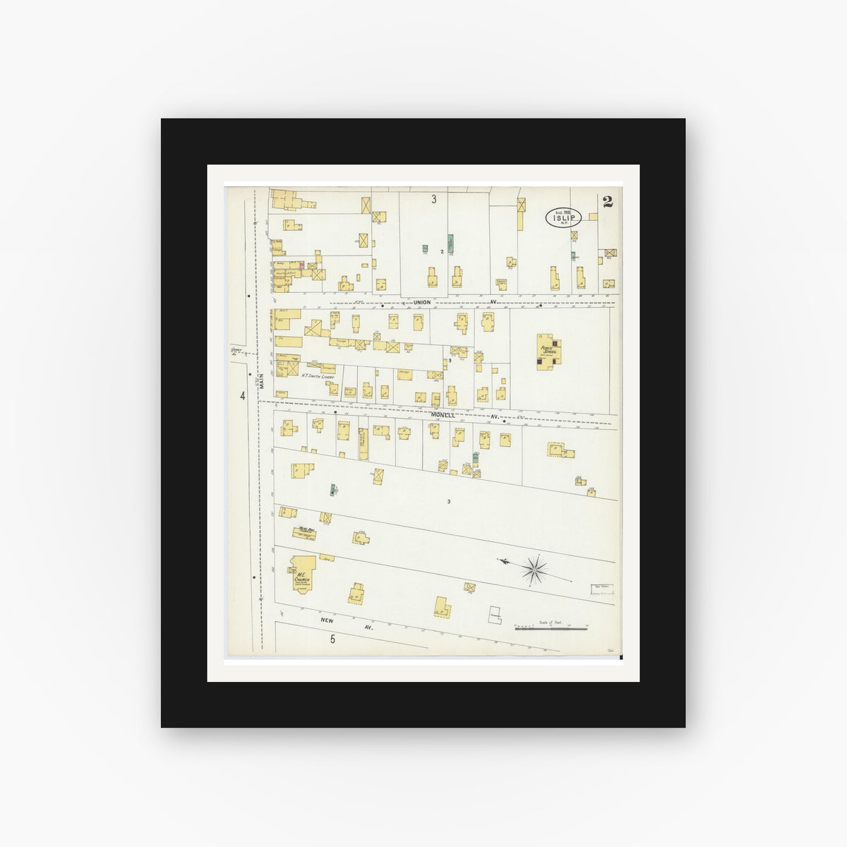 Old map wall art mockup — black gallery frame with white mat — Sanborn Fire Insurance Map from Islip, Suffolk County, New York (1902), Sheet #0002