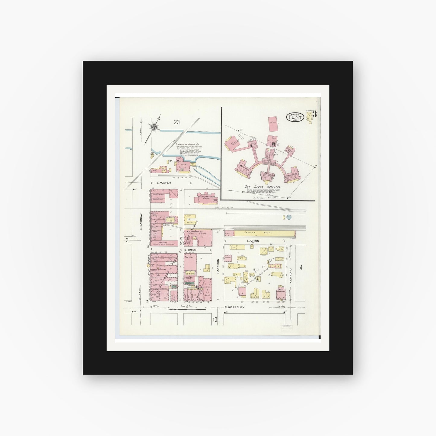 Old map wall art mockup — black gallery frame with white mat — Sanborn Fire Insurance Map from Flint, Genesee County, Michigan (1909), Sheet #0003