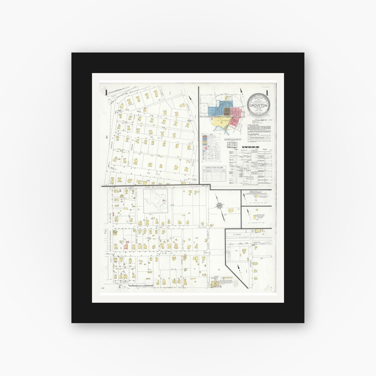 Old map wall art mockup — black gallery frame with white mat — Sanborn Fire Insurance Map from Groveton, Trinity County, Texas (1933) - Complete Map Set