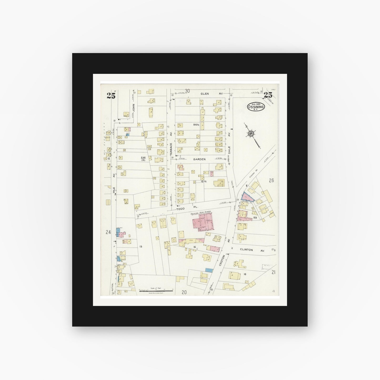 Old map wall art mockup — black gallery frame with white mat — Sanborn Fire Insurance Map from Ossining, Westchester County, New York (1924), Sheet #0025