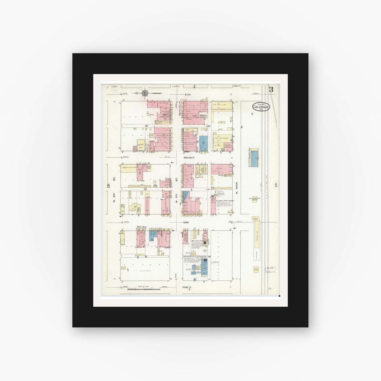 Old map wall art mockup — black gallery frame with white mat — Sanborn Fire Insurance Map from Colorado, Mitchell County, Texas (1914), Sheet #0003