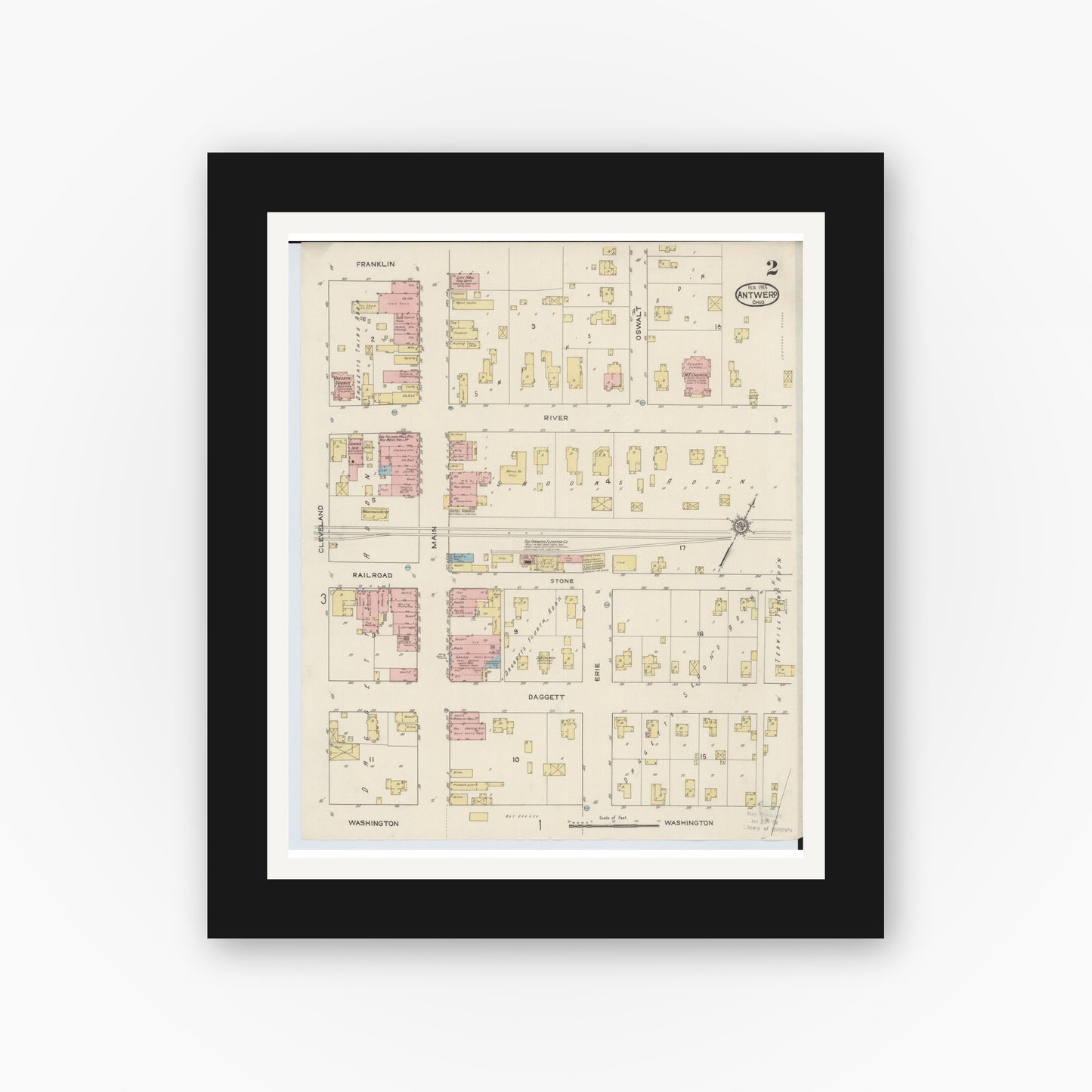 Old map wall art mockup — black gallery frame with white mat — Sanborn Fire Insurance Map from Antwerp, Paulding County, Ohio (1915), Sheet #0002