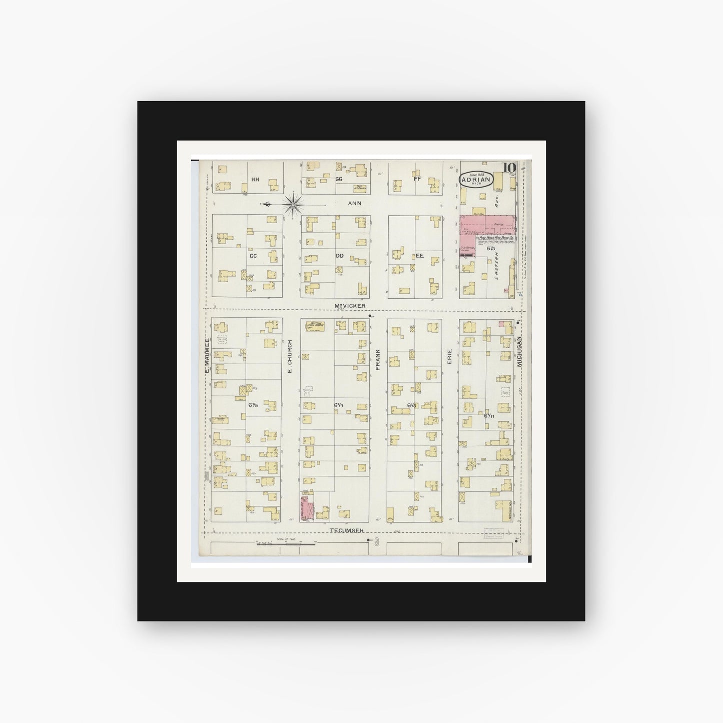 Old map wall art mockup — black gallery frame with white mat — Sanborn Fire Insurance Map from Adrian, Lenawee County, Michigan (1893), Sheet #0010
