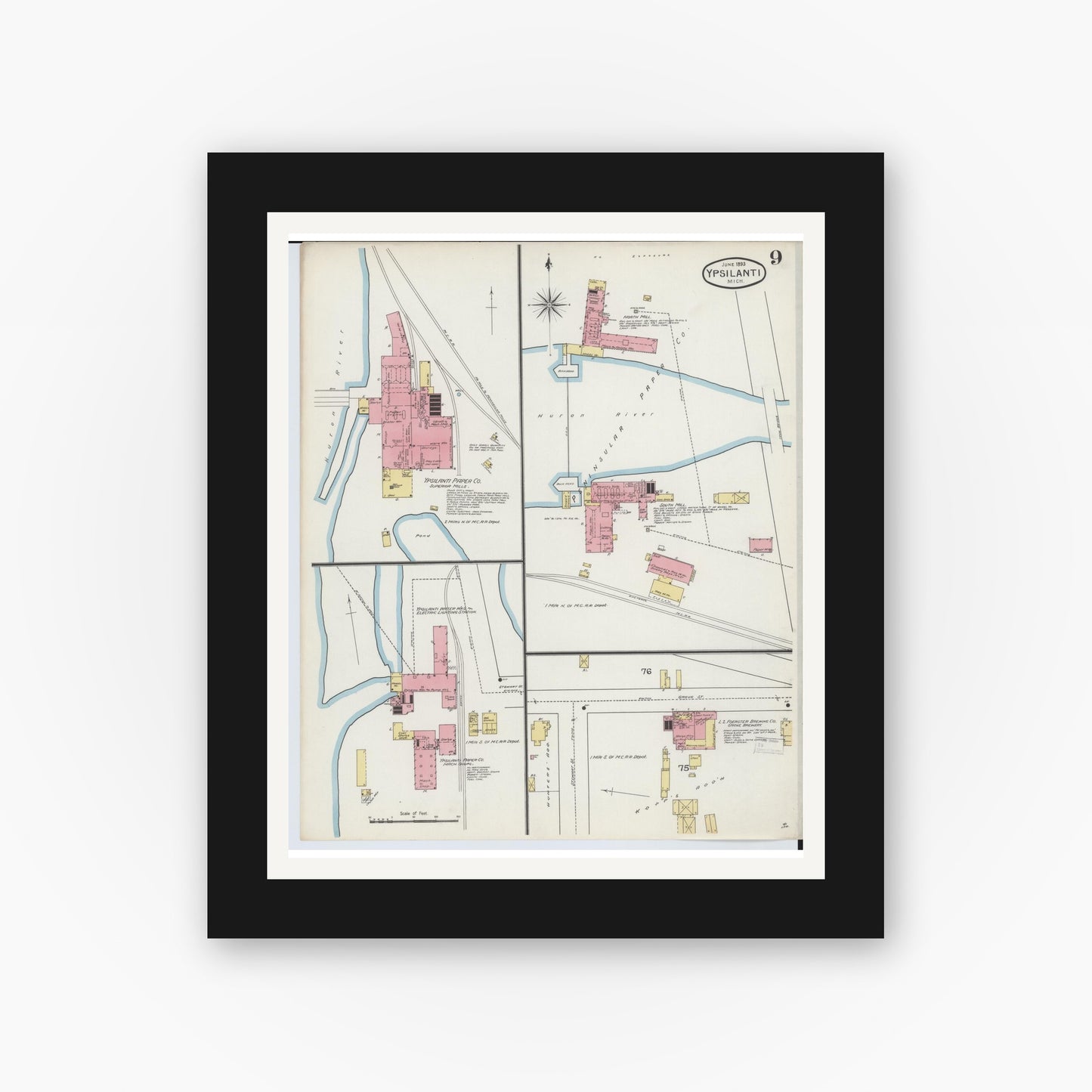 Old map wall art mockup — black gallery frame with white mat — Sanborn Fire Insurance Map from Ypsilanti, Washtenaw County, Michigan (1893), Sheet #0009