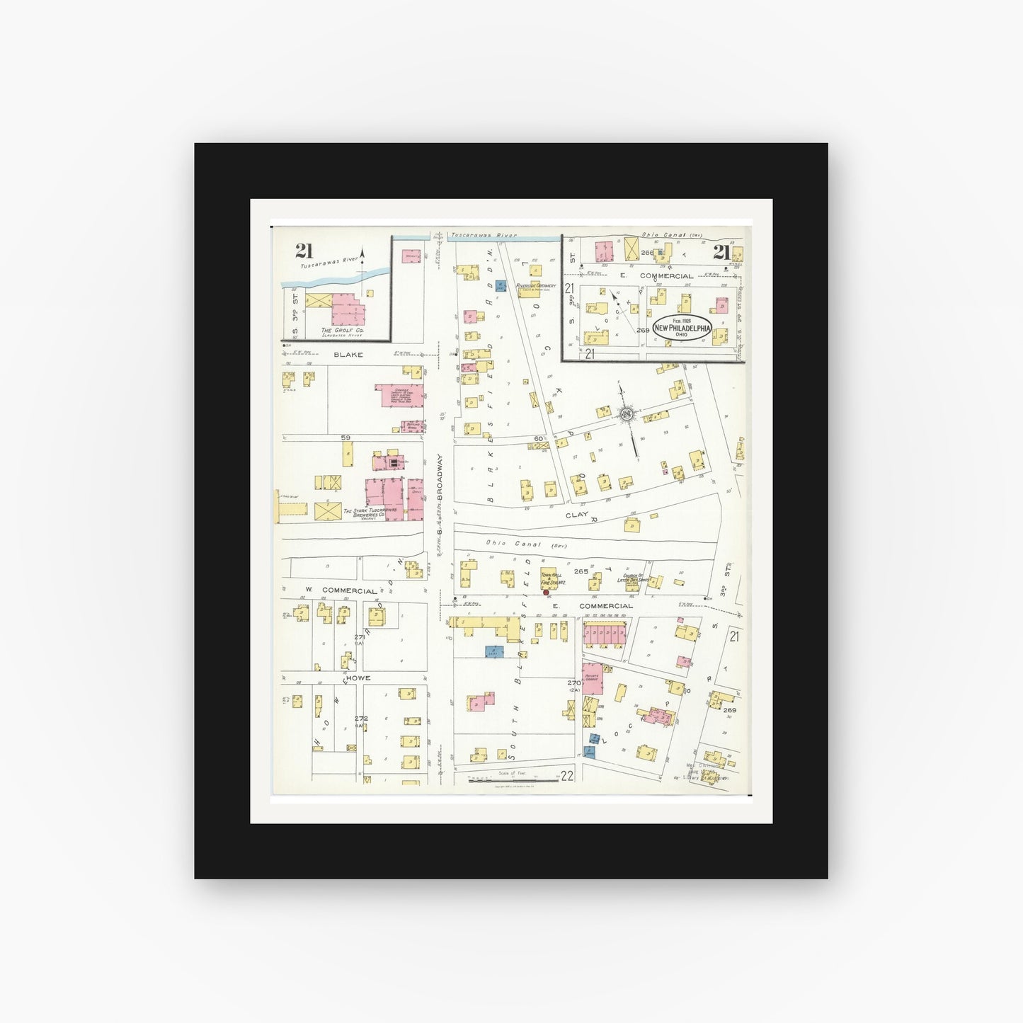 Old map wall art mockup — black gallery frame with white mat — Sanborn Fire Insurance Map from New Philadelphia, Tuscarawas County, Ohio (1926), Sheet #0021