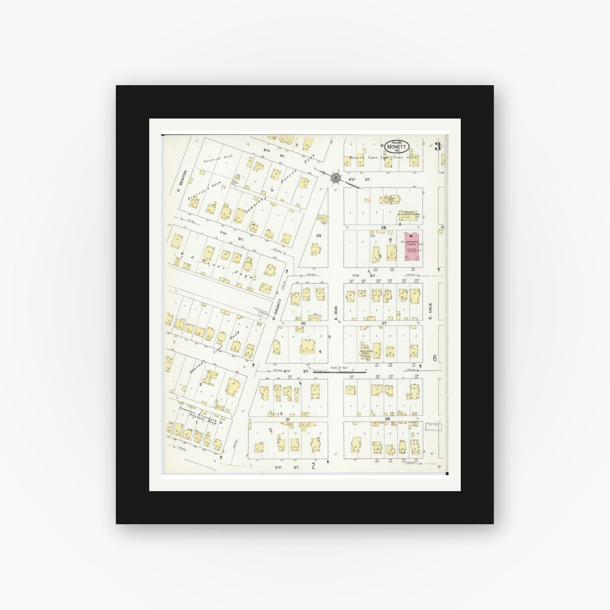 Old map wall art mockup — black gallery frame with white mat — Sanborn Fire Insurance Map from Monett, Barry County, Missouri (1910), Sheet #0003