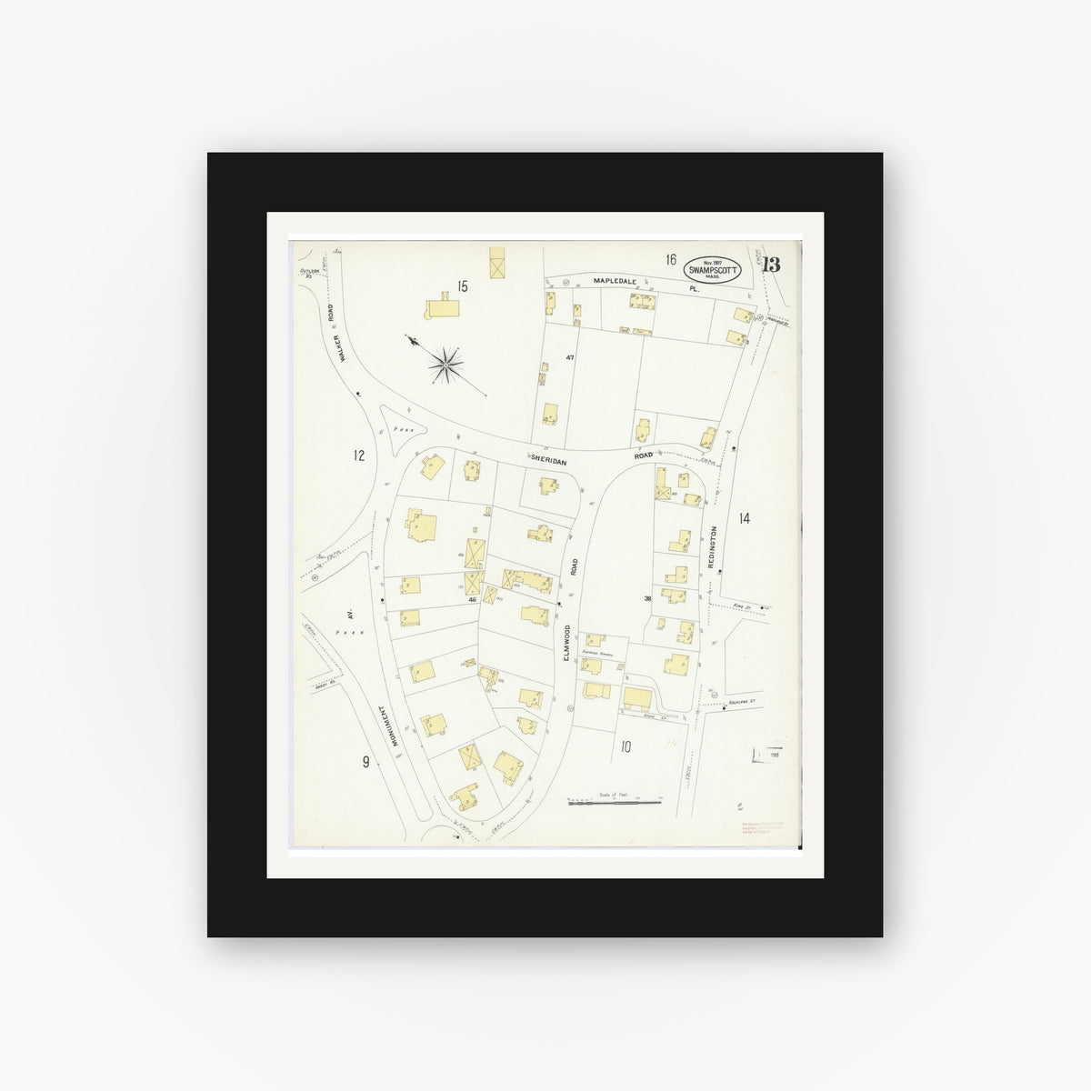 Old map wall art mockup — black gallery frame with white mat — Sanborn Fire Insurance Map from Swampscott, Essex County, Massachusetts (1907), Sheet #0013