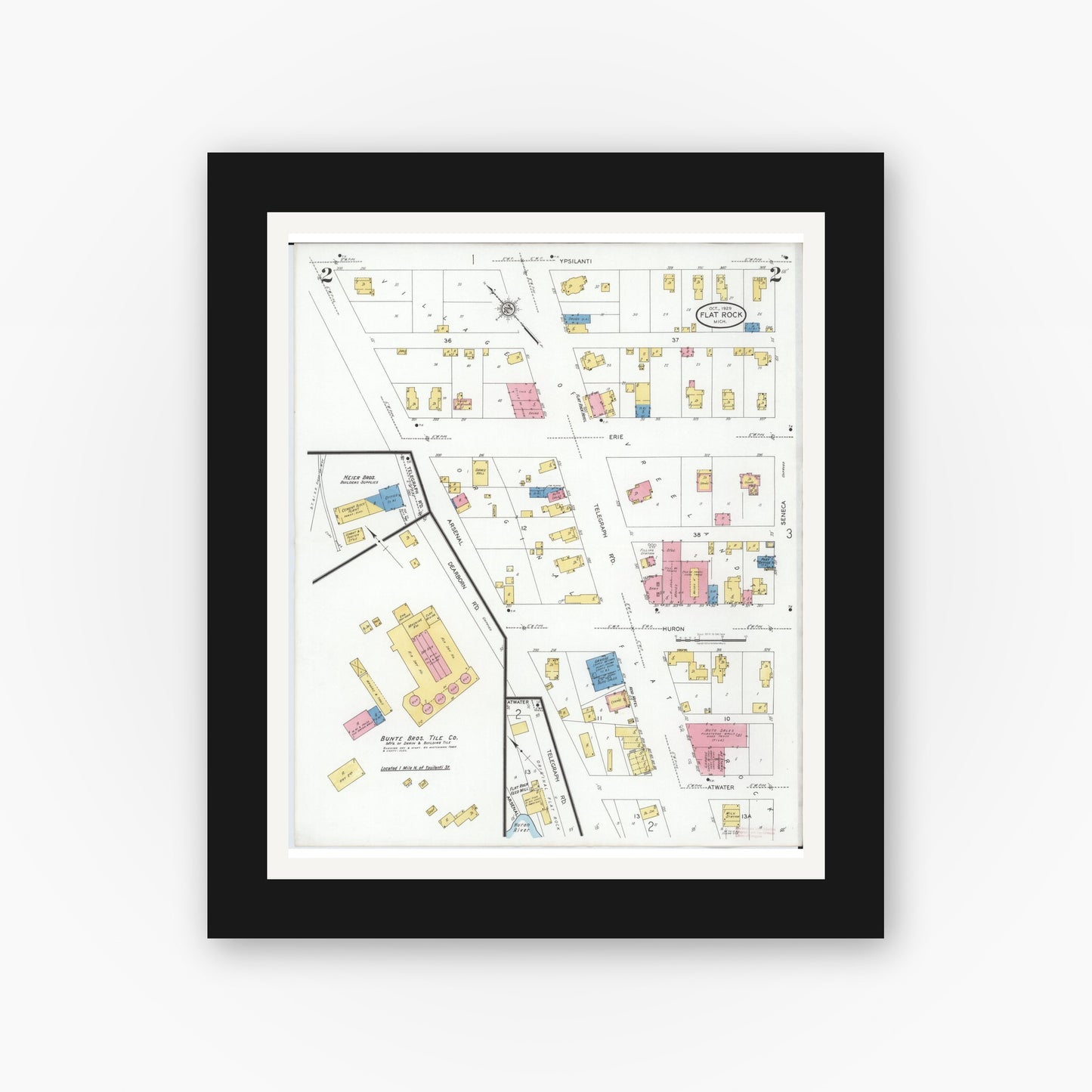 Old map wall art mockup — black gallery frame with white mat — Sanborn Fire Insurance Map from Flat Rock, Wayne County, Michigan (1929), Sheet #0002