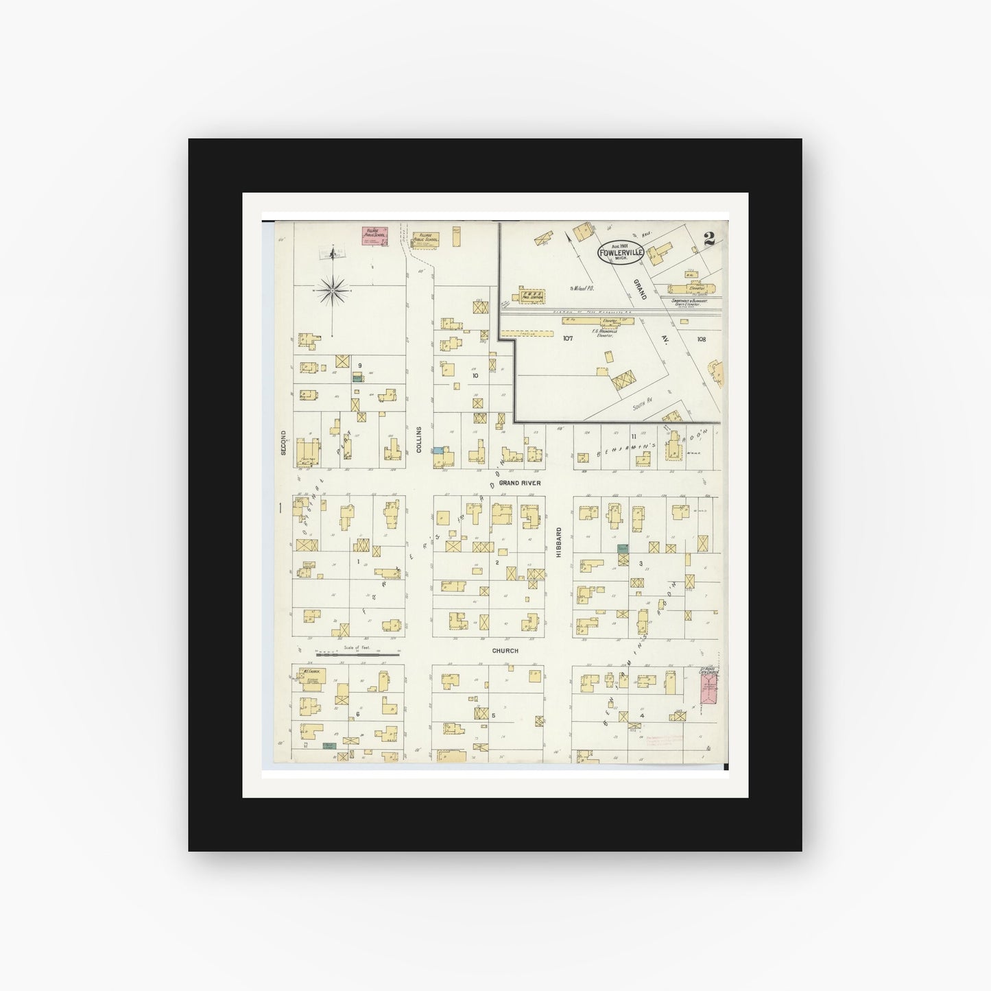 Old map wall art mockup — black gallery frame with white mat — Sanborn Fire Insurance Map from Fowlerville, Livingston County, Michigan (1901), Sheet #0002