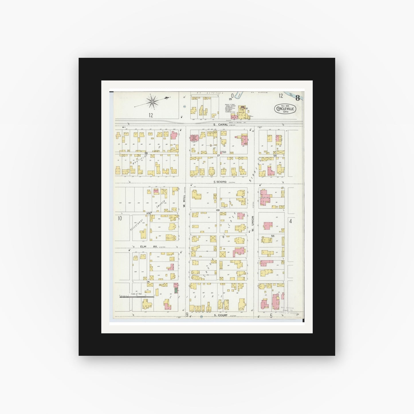 Old map wall art mockup — black gallery frame with white mat — Sanborn Fire Insurance Map from Circleville, Pickaway County, Ohio (1899), Sheet #0008