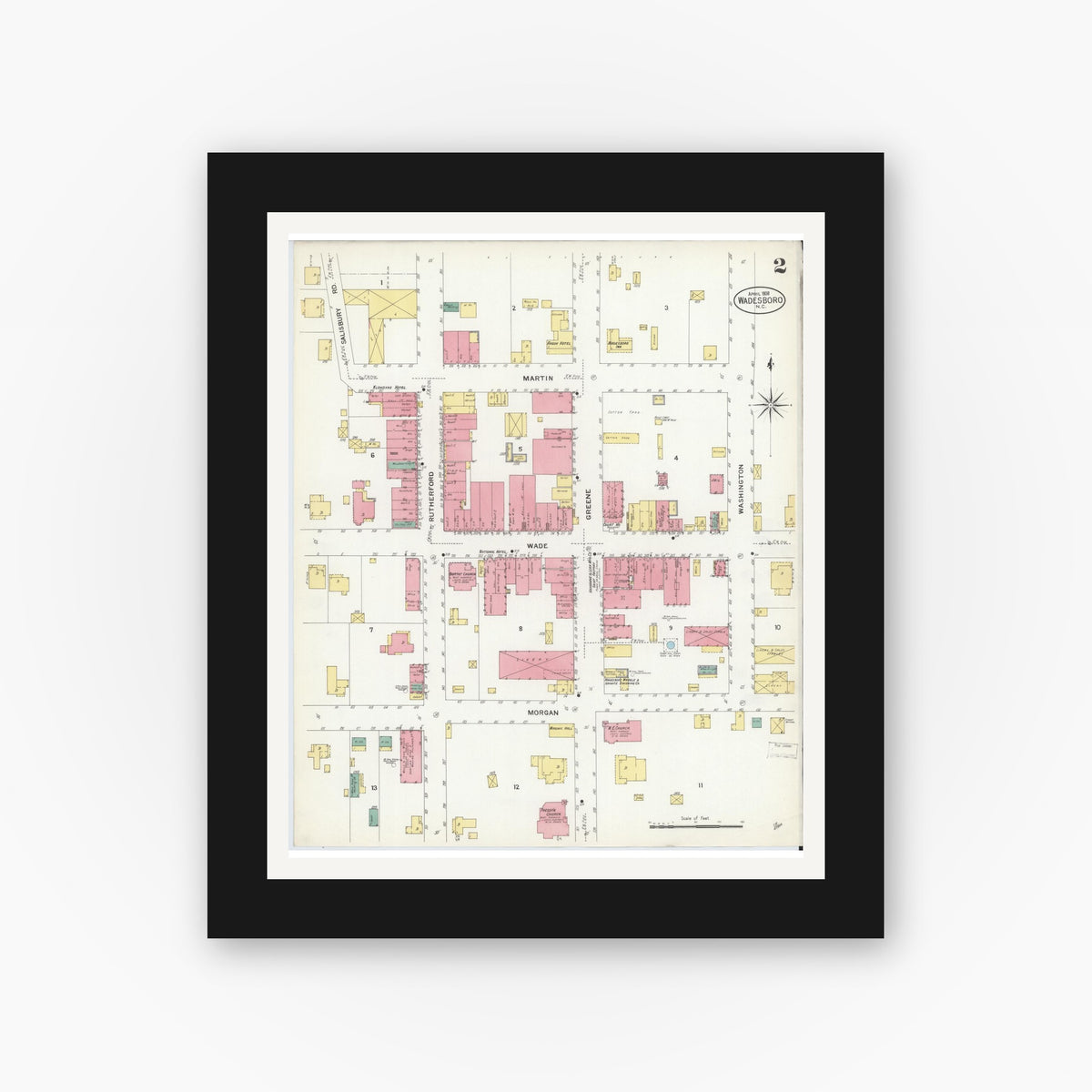 Old map wall art mockup — black gallery frame with white mat — Sanborn Fire Insurance Map from Wadesboro, Anson County, North Carolina (1908), Sheet #0002