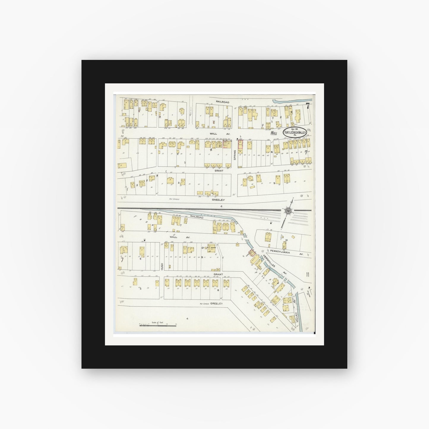 Old map wall art mockup — black gallery frame with white mat — Sanborn Fire Insurance Map from Turtle Creek Valley, Allegheny County, Pennsylvania (1911), Sheet #0007