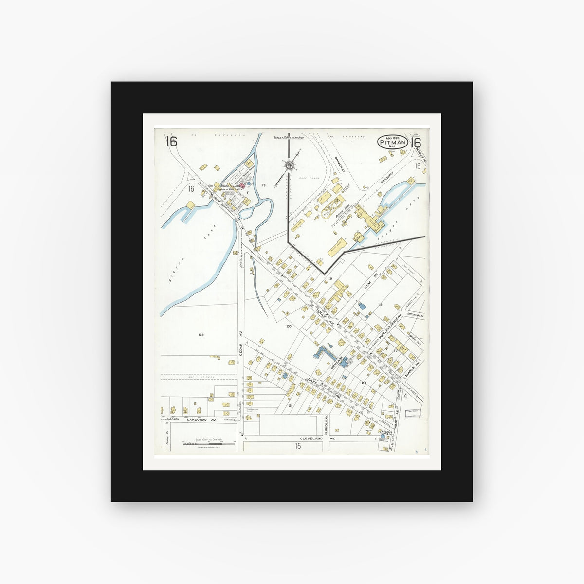 Old map wall art mockup — black gallery frame with white mat — Sanborn Fire Insurance Map from Pitman, Gloucester County, New Jersey (1923), Sheet #0016