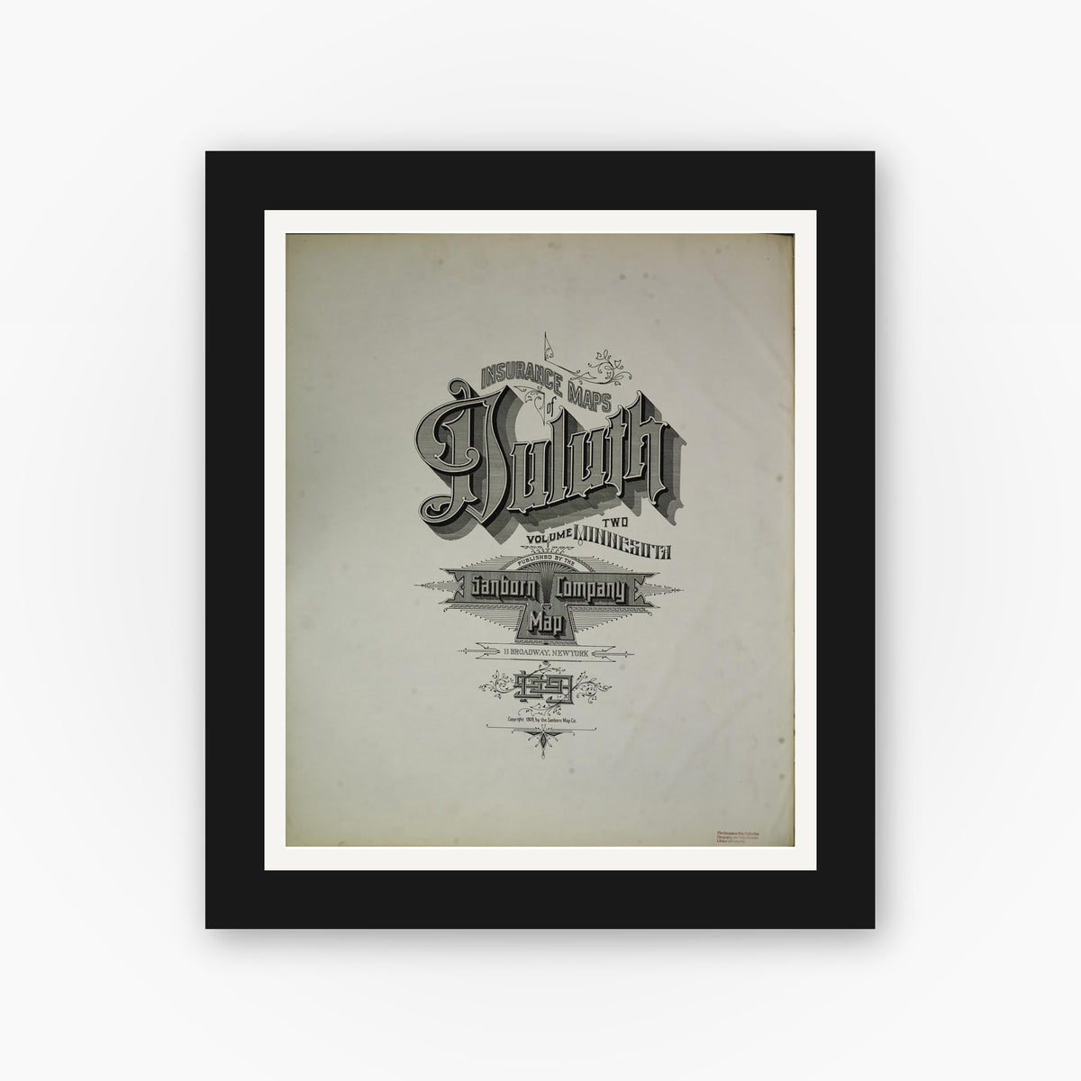 Old map wall art mockup — black gallery frame with white mat — Sanborn Fire Insurance Map from Duluth, Saint Louis County, Minnesota (1909), Sheet #0001