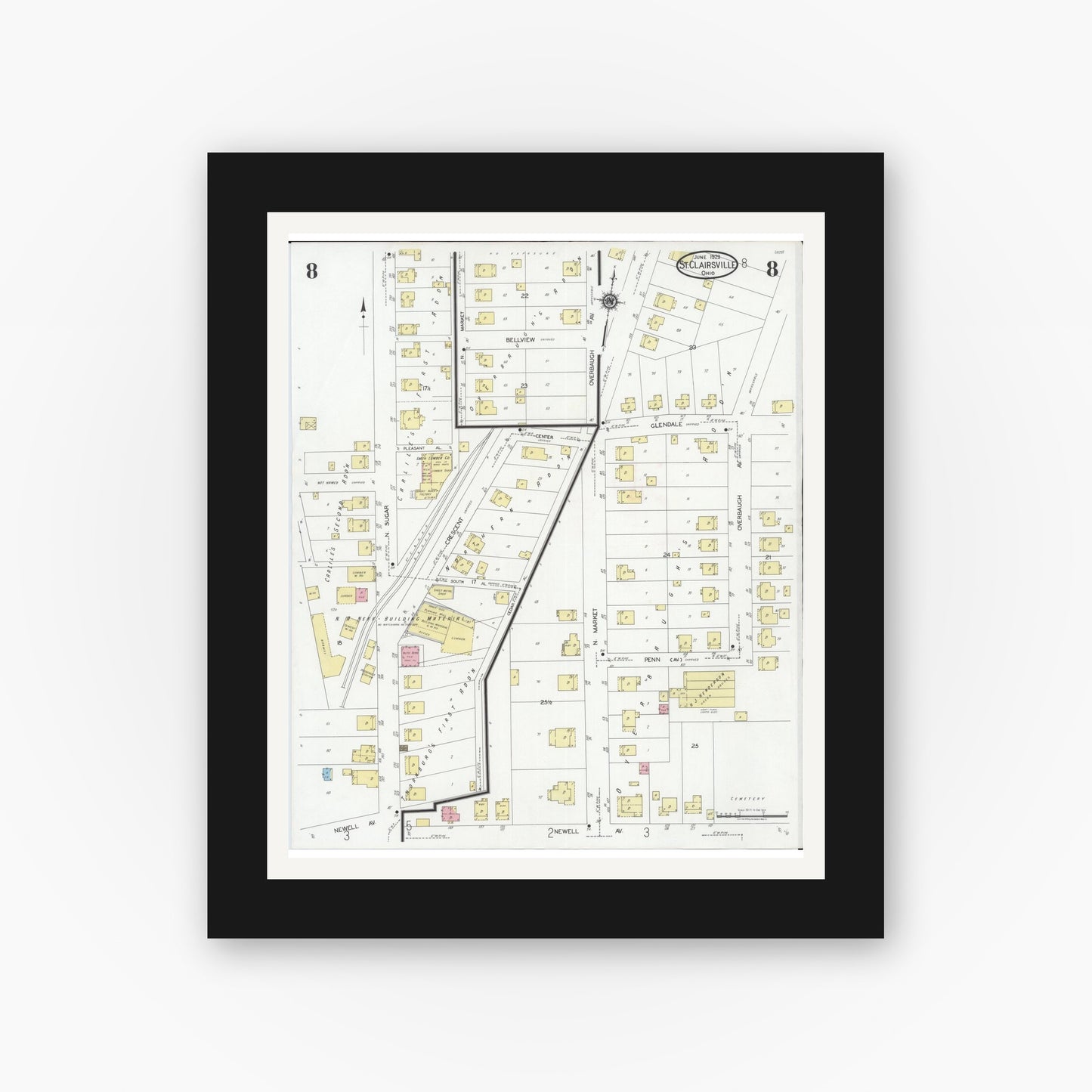 Old map wall art mockup — black gallery frame with white mat — Sanborn Fire Insurance Map from Saint Clairsville, Belmont County, Ohio (1929), Sheet #0008