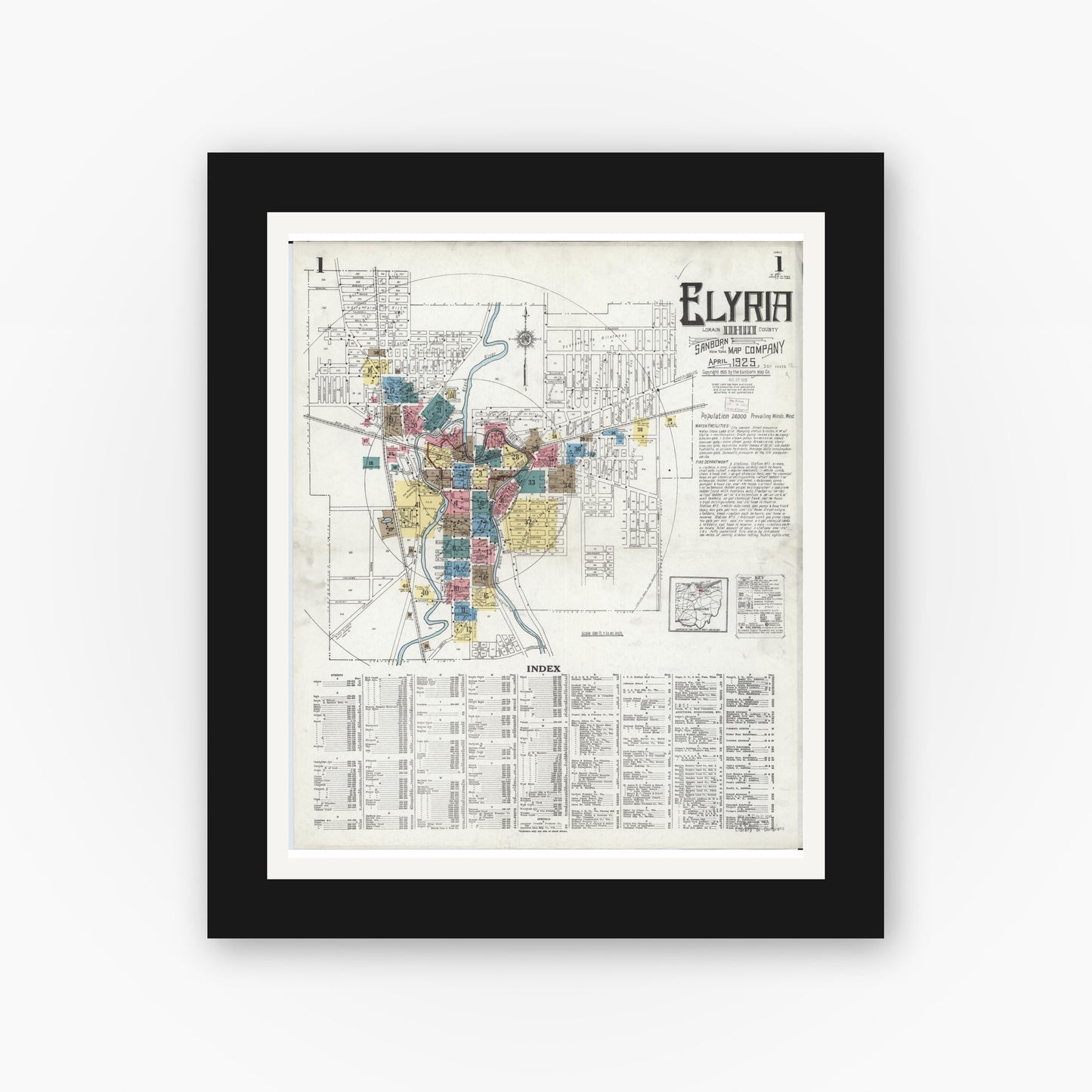Old map wall art mockup — black gallery frame with white mat — Sanborn Fire Insurance Map from Elyria, Lorain County, Ohio (1925) - Complete Map Set