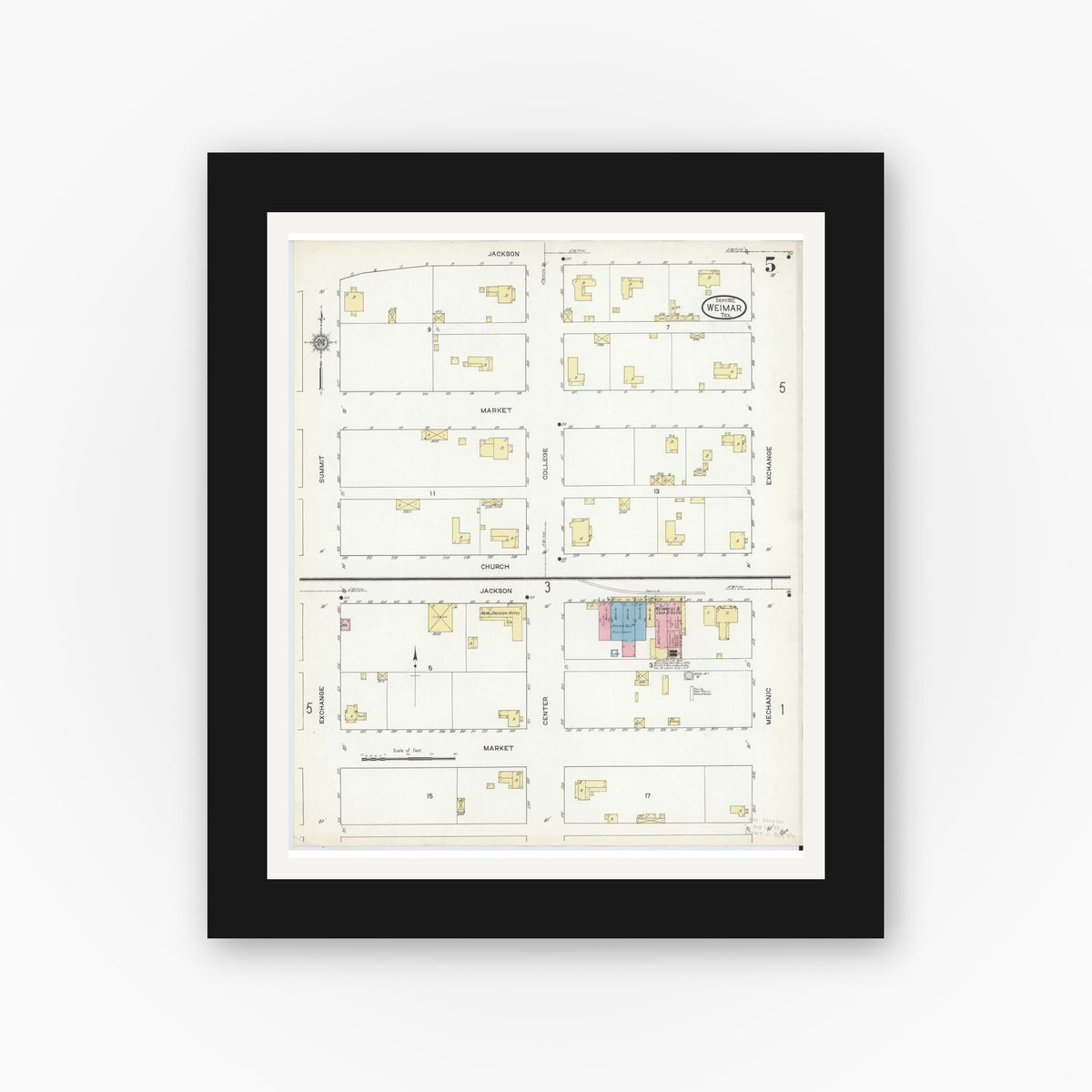 Old map wall art mockup — black gallery frame with white mat — Sanborn Fire Insurance Map from Weimar, Colorado County, Texas (1912), Sheet #0005