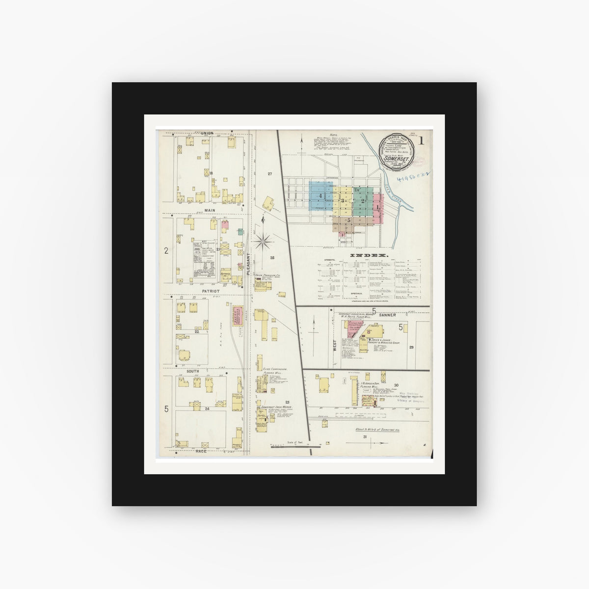 Old map wall art mockup — black gallery frame with white mat — Sanborn Fire Insurance Map from Somerset, Somerset County, Pennsylvania (1897), Sheet #0001