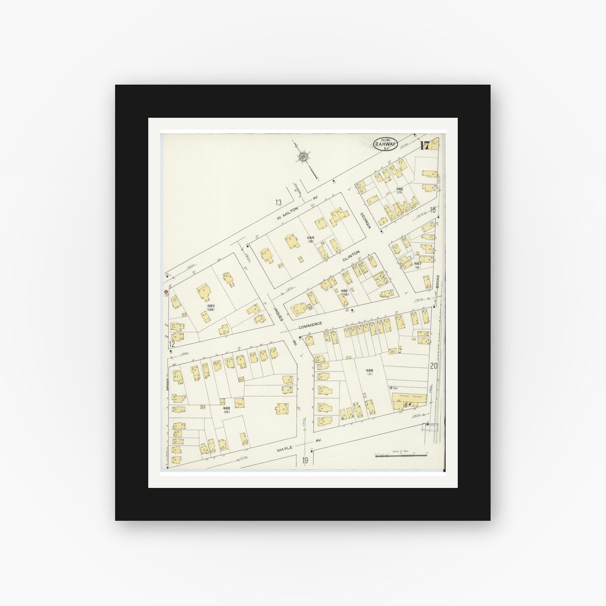 Old map wall art mockup — black gallery frame with white mat — Sanborn Fire Insurance Map from Rahway, Union County, New Jersey (1915), Sheet #0017
