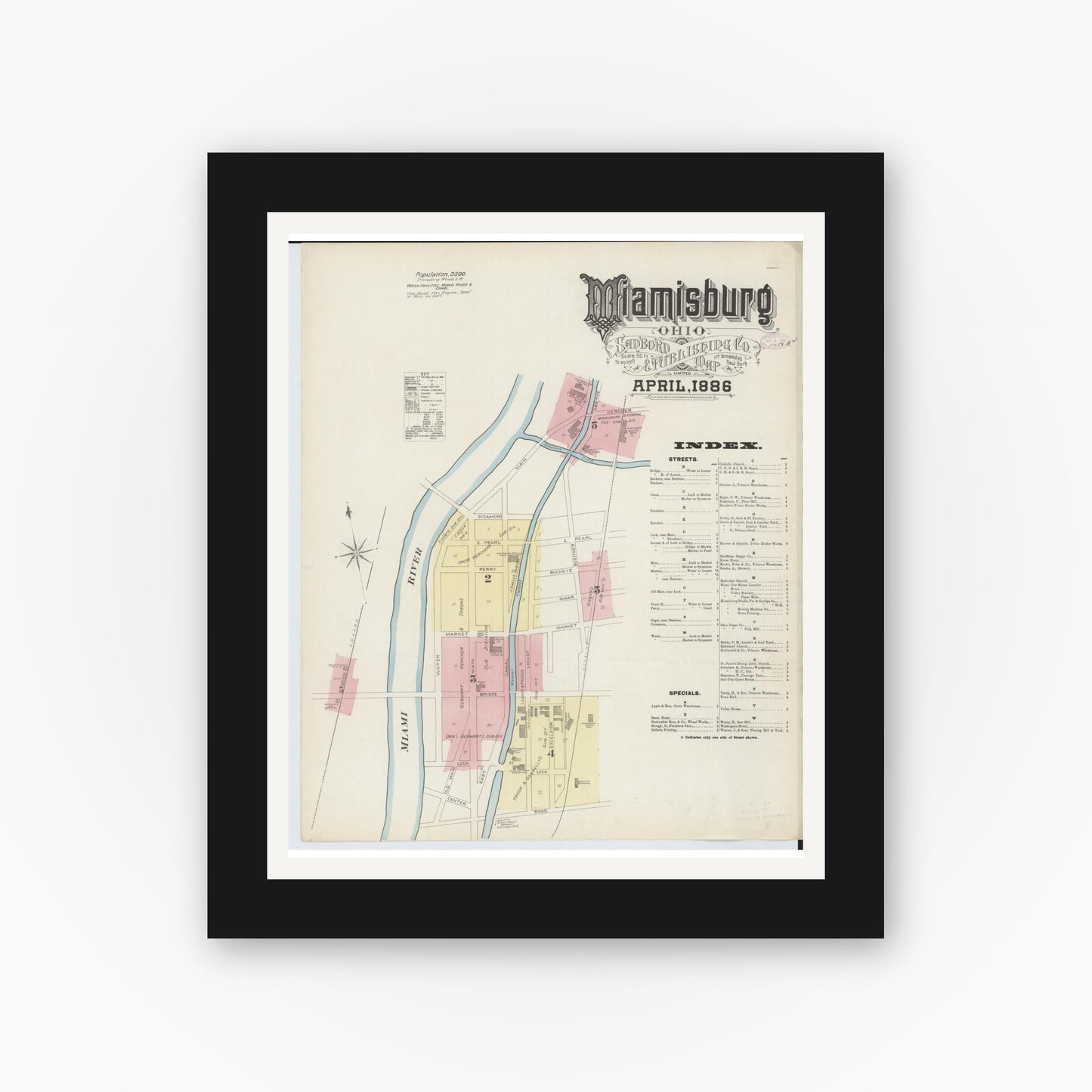 Old map wall art mockup — black gallery frame with white mat — Sanborn Fire Insurance Map from Miamisburg, Montgomery County, Ohio (1886), Sheet #0001