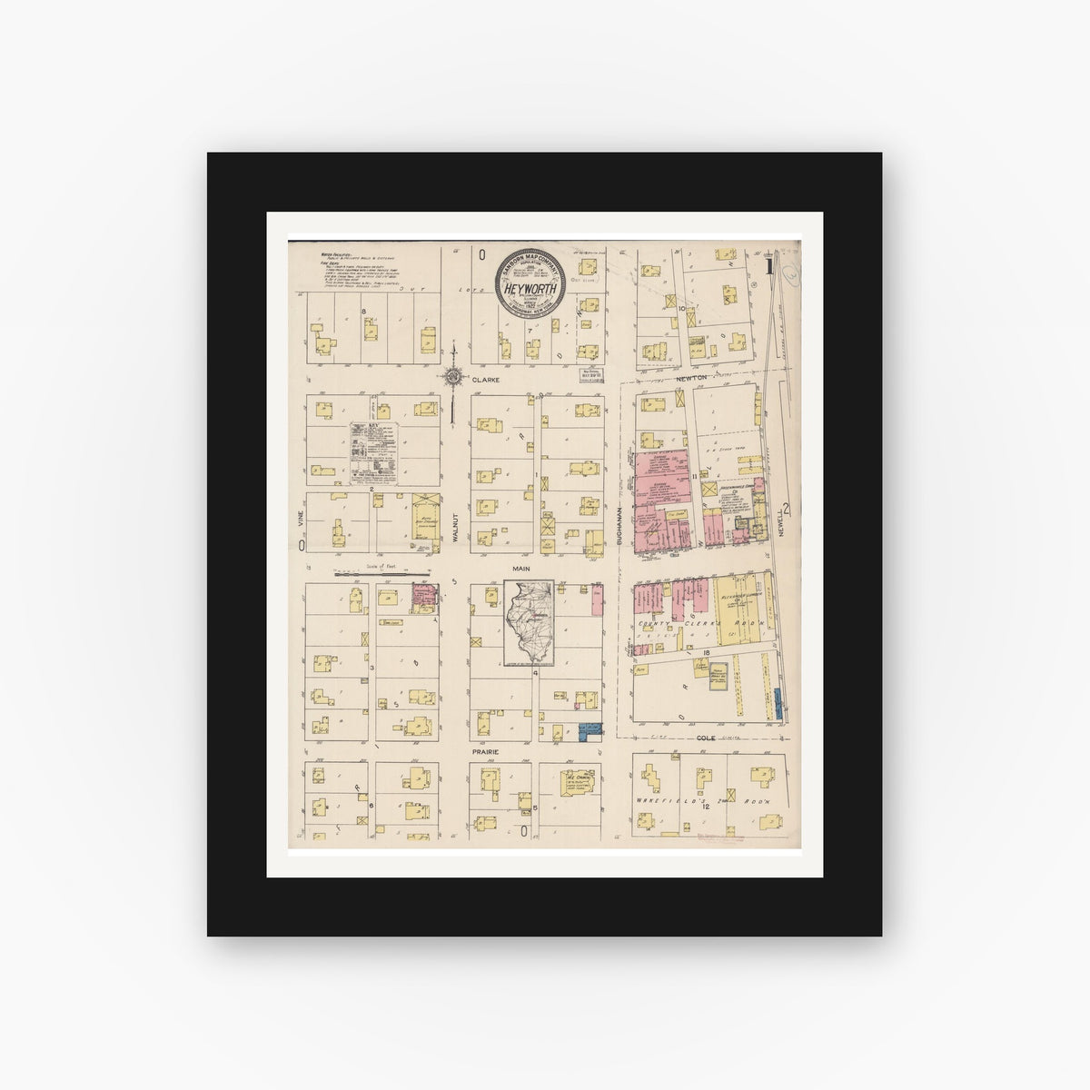 Old map wall art mockup — black gallery frame with white mat — Sanborn Fire Insurance Map from Heyworth, McLean County, Illinois (1922) - Complete Map Set