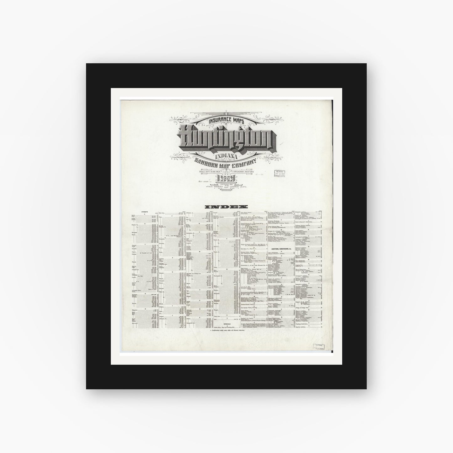 Old map wall art mockup — black gallery frame with white mat — Sanborn Fire Insurance Map from Huntington, Huntington County, Indiana (1919), Sheet #0001