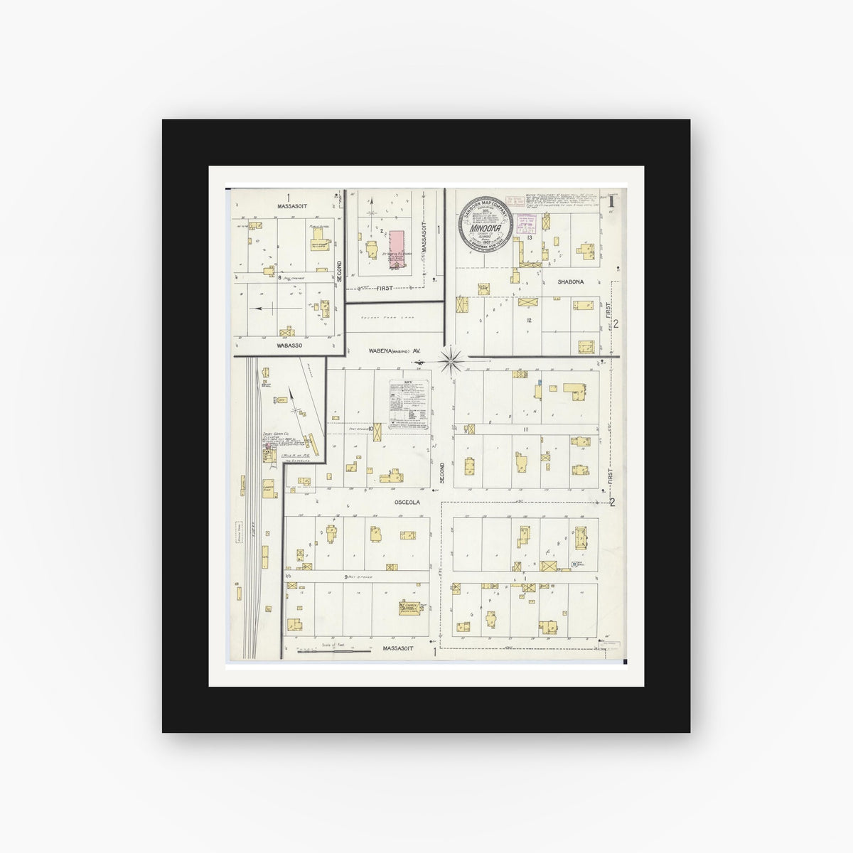 Old map wall art mockup — black gallery frame with white mat — Sanborn Fire Insurance Map from Minooka, Grundy County, Illinois (1907) - Complete Map Set